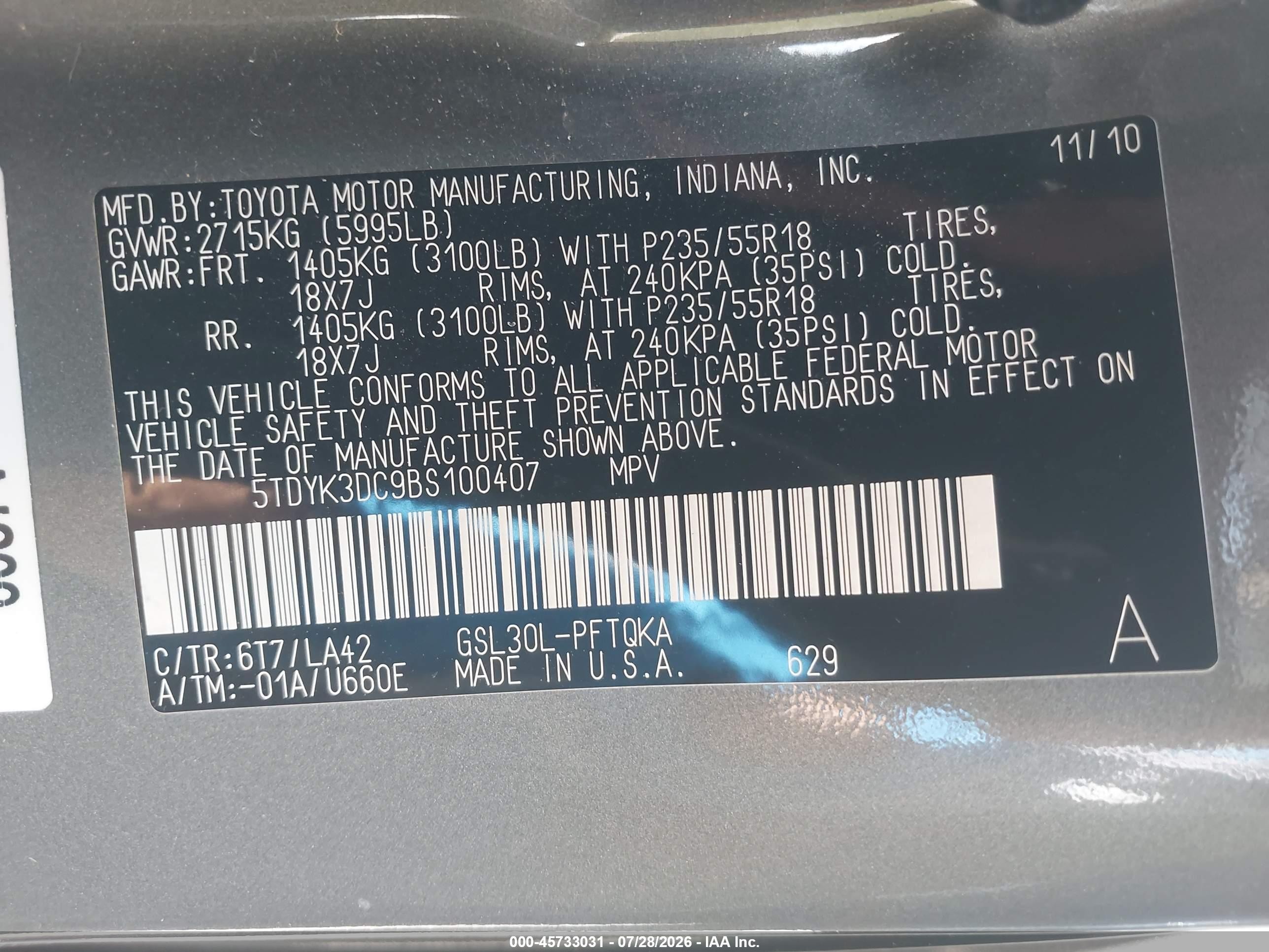 2011 Toyota Sienna Limited V6 Серый vin: 5TDYK3DC9BS100407