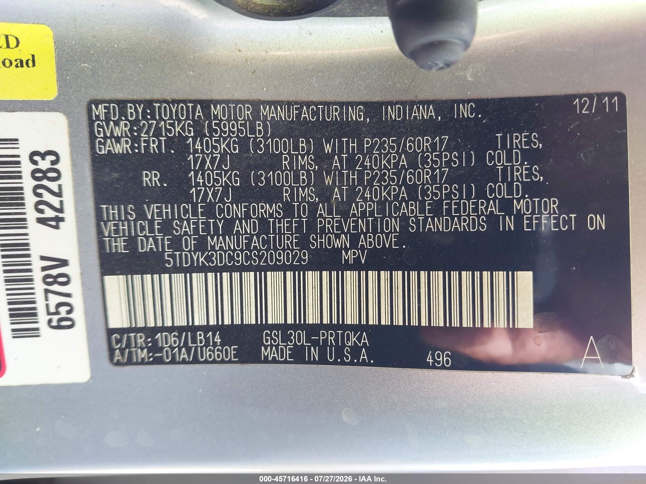 2012 Toyota Sienna Xle V6 8 Passenger Silver vin: 5TDYK3DC9CS209029