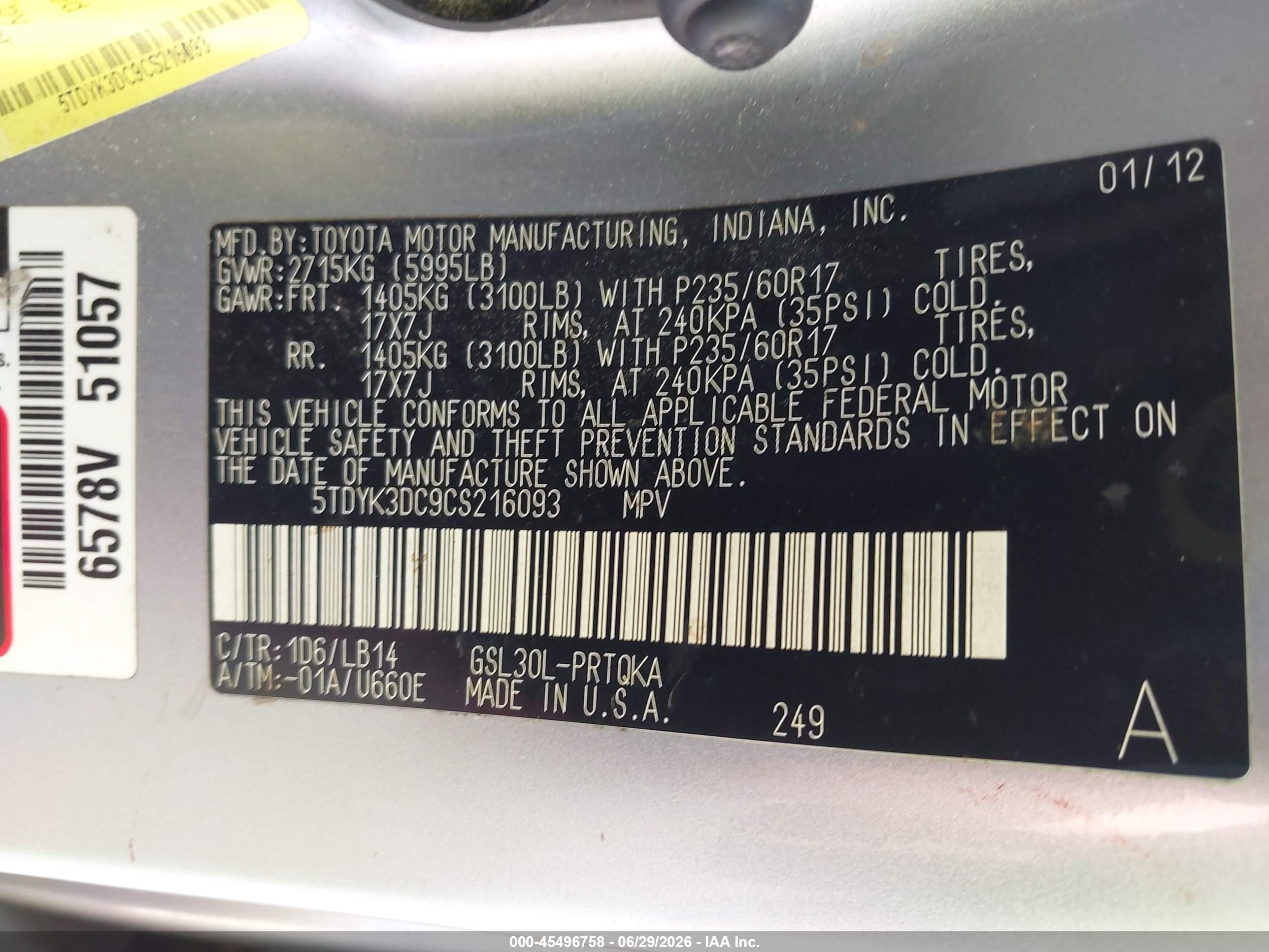 2012 Toyota Sienna Xle V6 8 Passenger Silver vin: 5TDYK3DC9CS216093