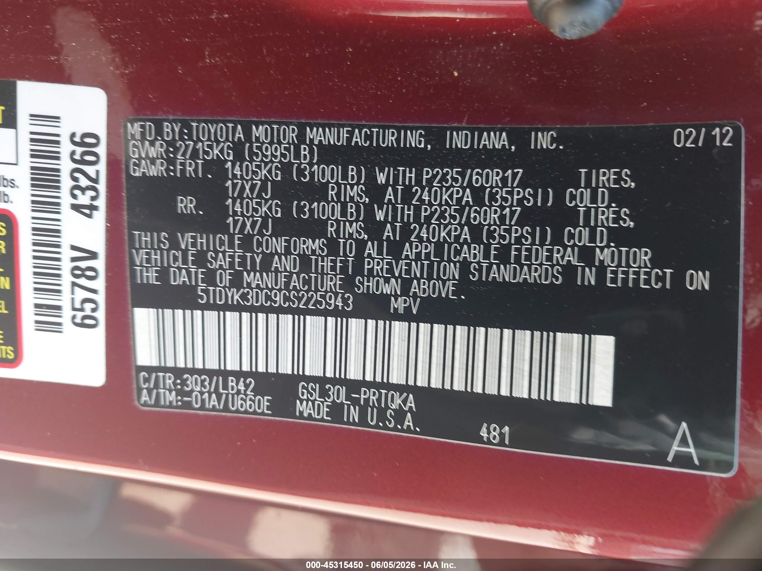 2012 Toyota Sienna Xle V6 8 Passenger Red vin: 5TDYK3DC9CS225943