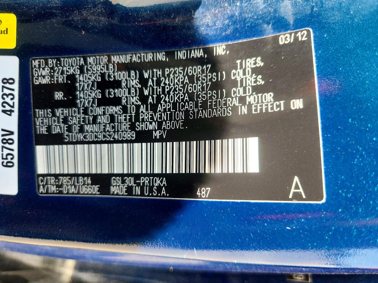 2012 Toyota Sienna Xle 8-passenger Blue vin: 5TDYK3DC9CS240989