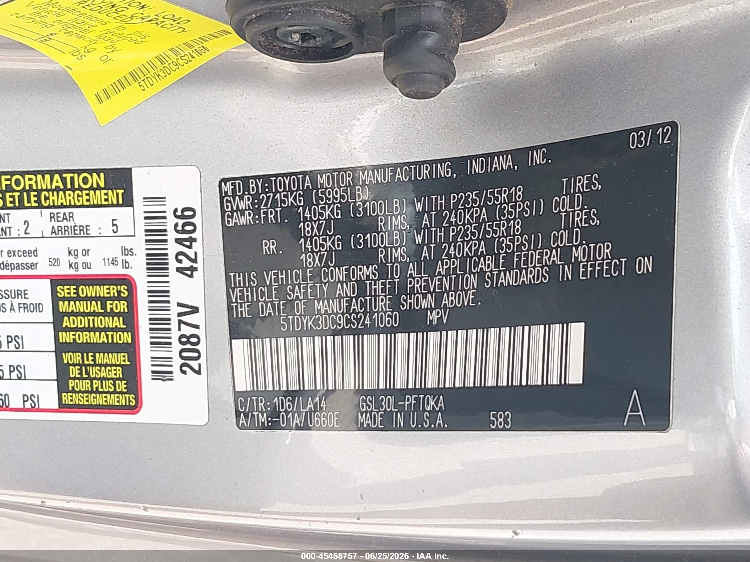 2012 Toyota Sienna Limited V6 7 Passenger Silver vin: 5TDYK3DC9CS241060