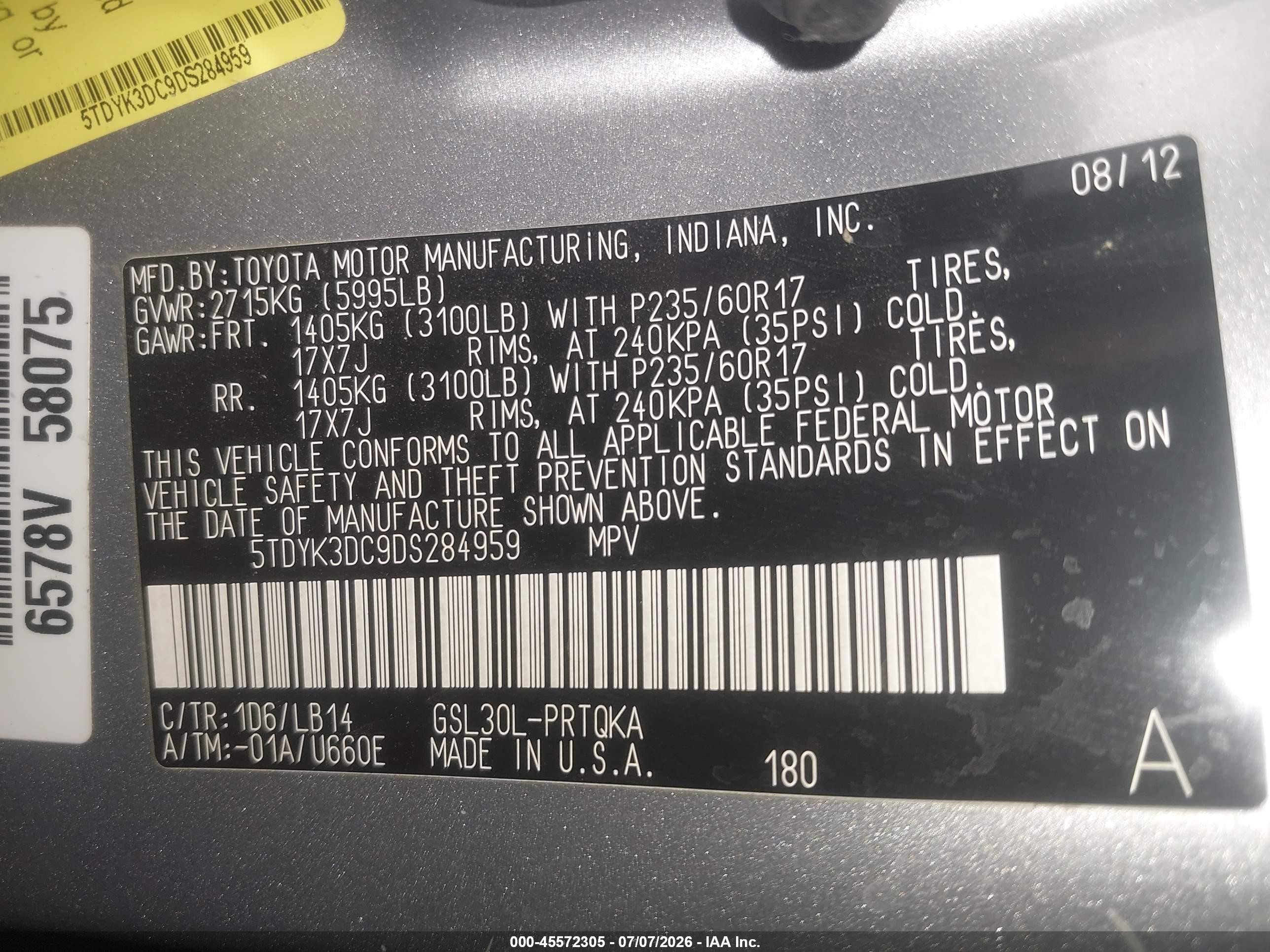 2013 Toyota Sienna Xle V6 8 Passenger Gray vin: 5TDYK3DC9DS284959