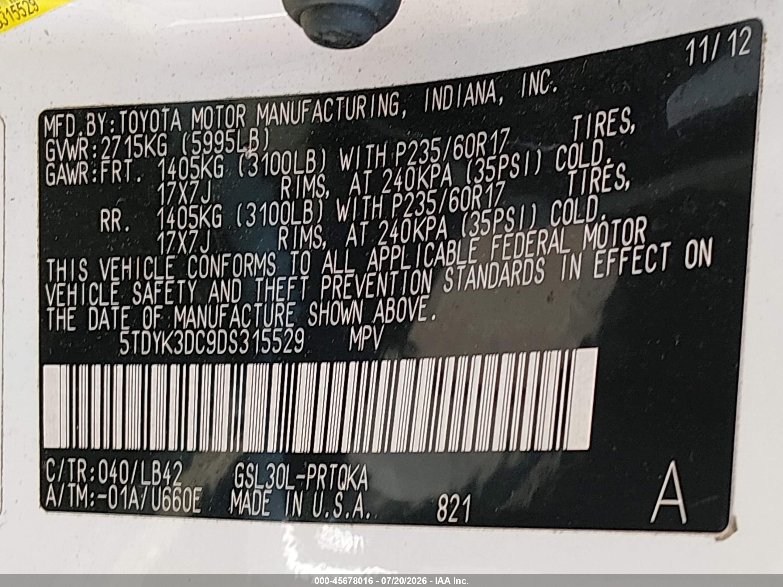 2013 Toyota Sienna Xle V6 8 Passenger White vin: 5TDYK3DC9DS315529