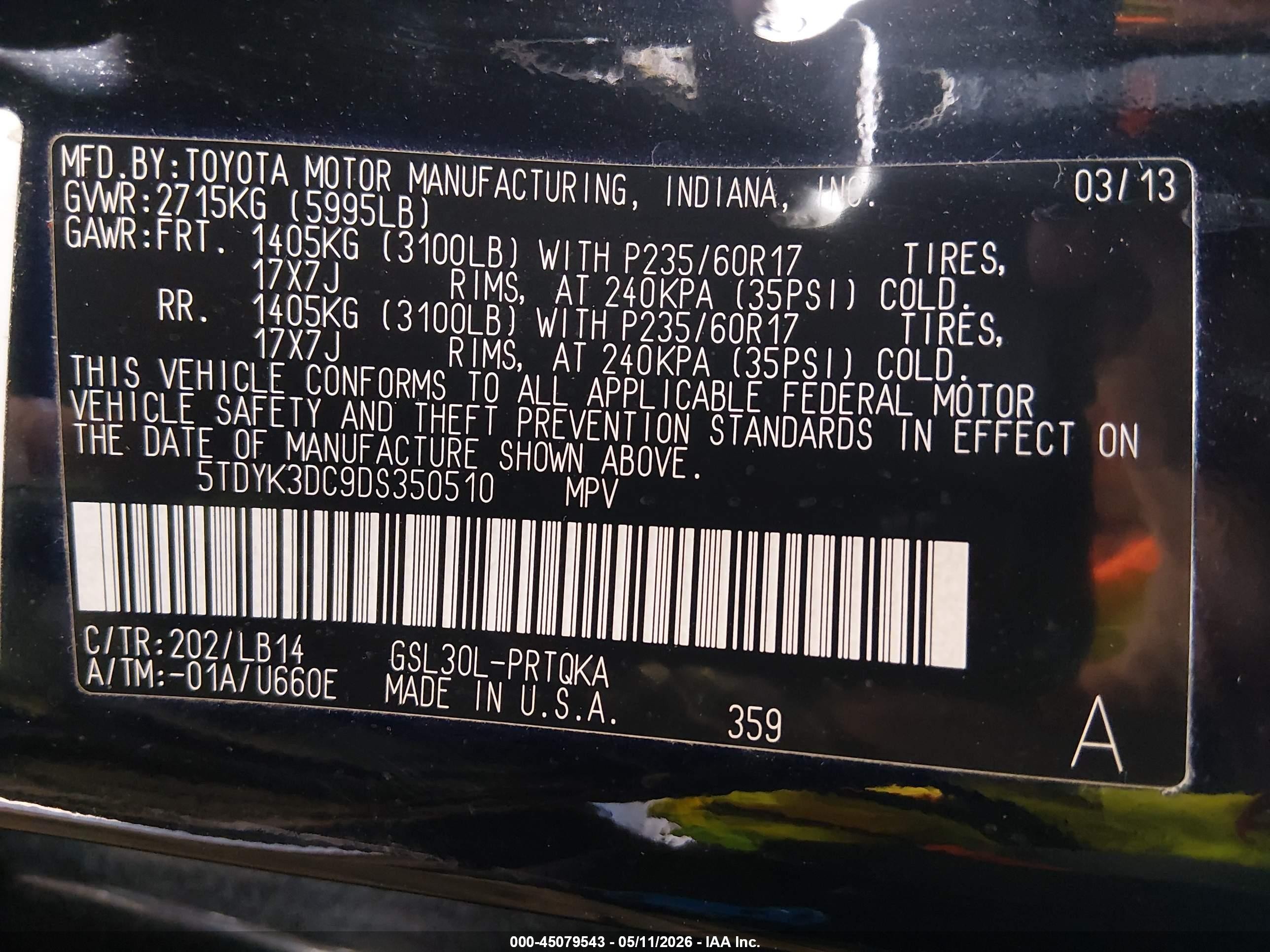 2013 Toyota Sienna Xle V6 7 Passenger Auto Access Seat/xle V6 8 Passenger Black vin: 5TDYK3DC9DS350510