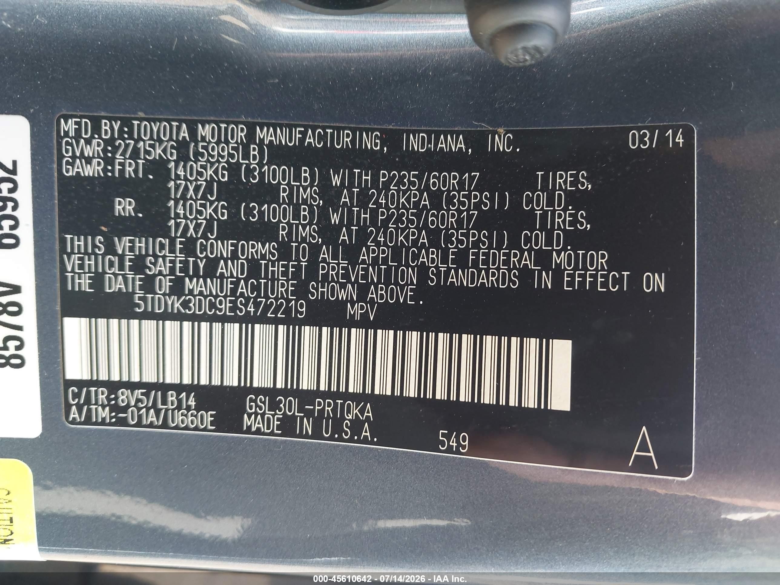 2014 Toyota Sienna Xle V6 8 Passenger Blue vin: 5TDYK3DC9ES472219