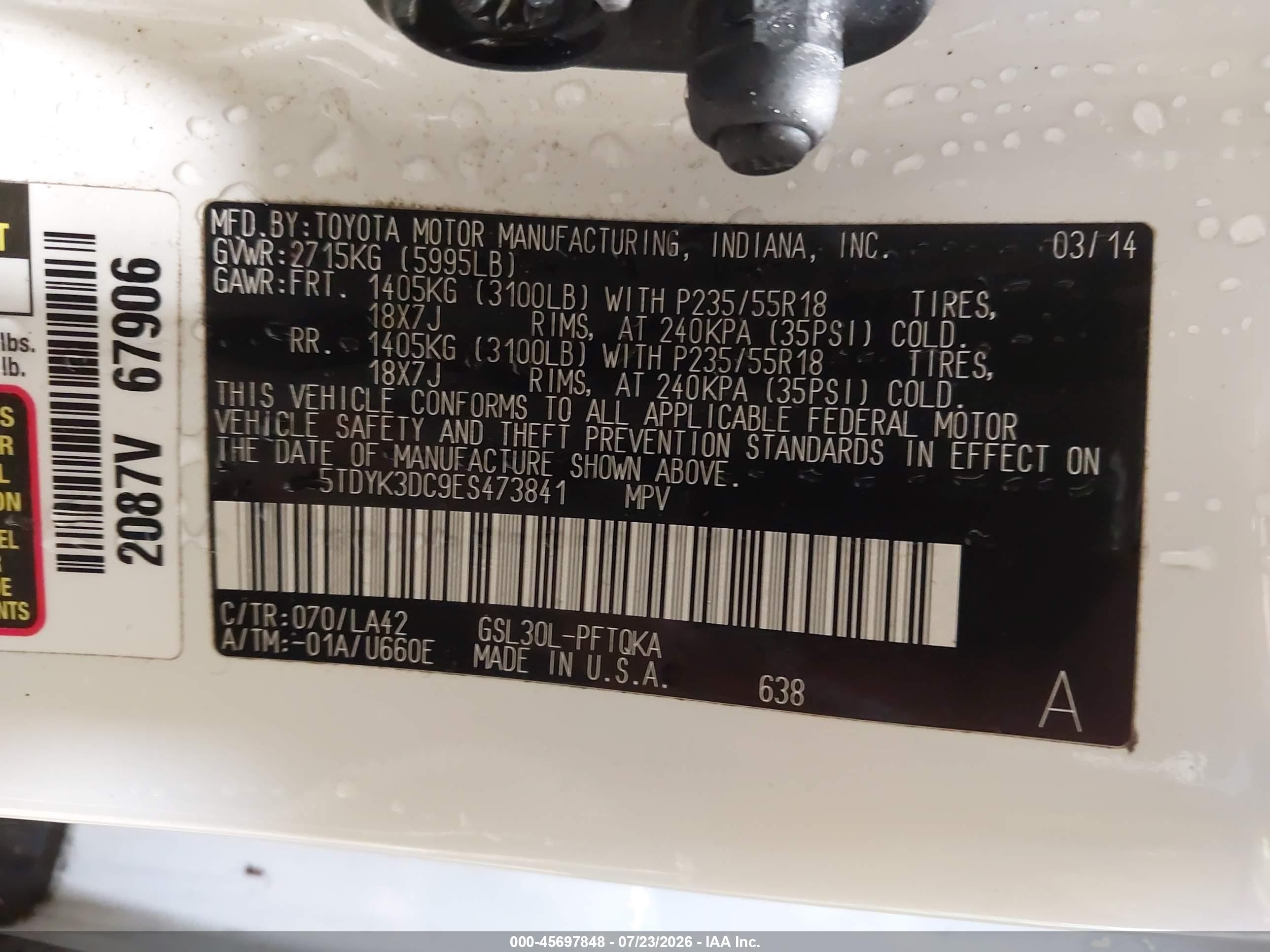 2014 Toyota Sienna Limited V6 7 Passenger Белый vin: 5TDYK3DC9ES473841