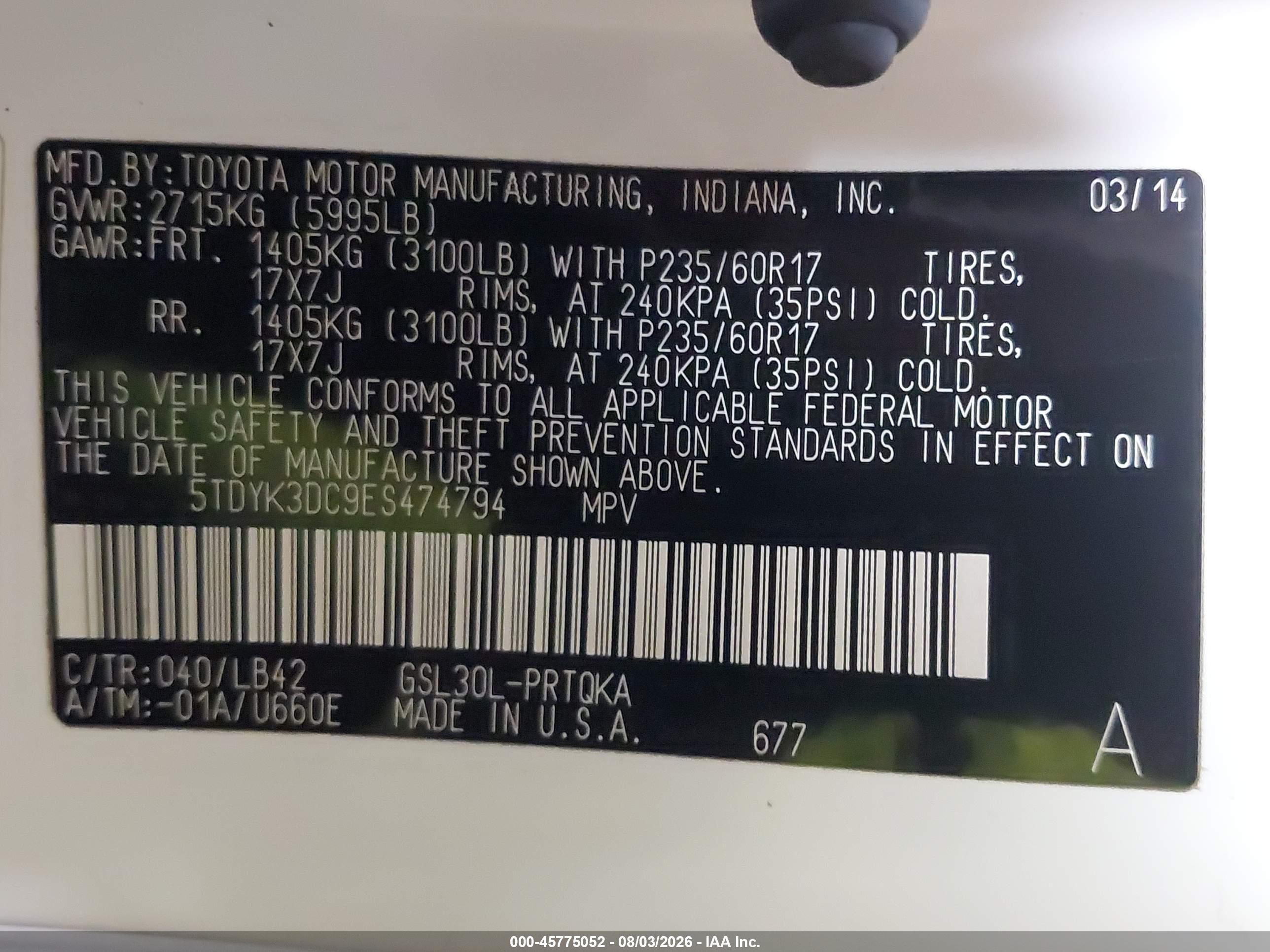 2014 Toyota Sienna Xle V6 8 Passenger White vin: 5TDYK3DC9ES474794