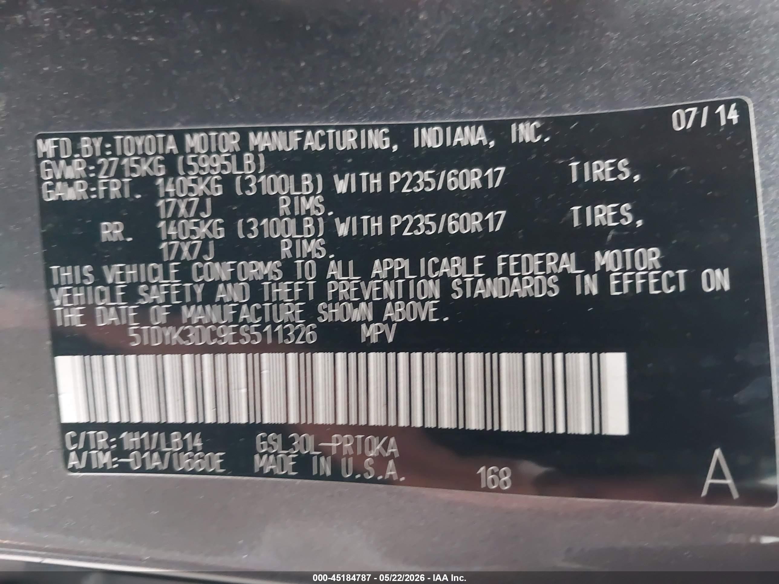 2014 Toyota Sienna Xle V6 8 Passenger Gray vin: 5TDYK3DC9ES511326