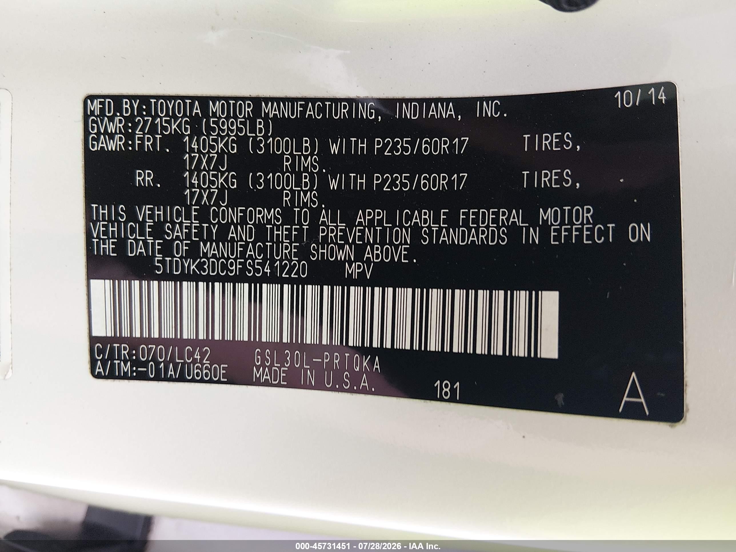 2015 Toyota Sienna Xle 8 Passenger White vin: 5TDYK3DC9FS541220