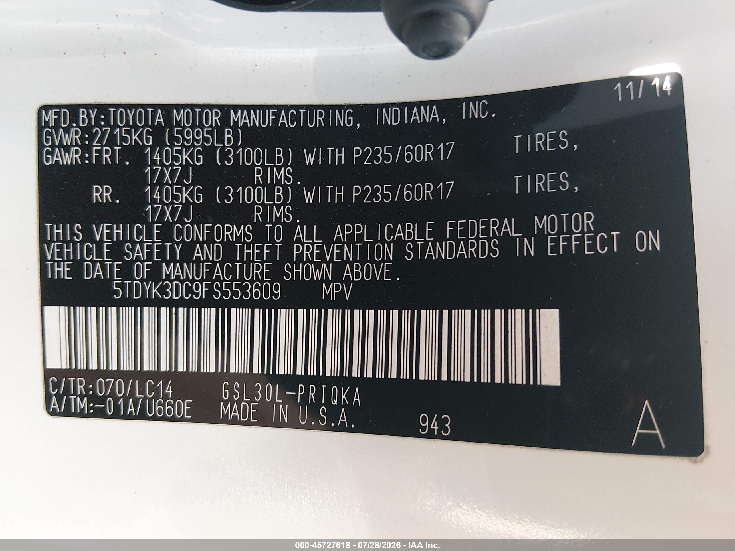 2015 Toyota Sienna Xle 8 Passenger White vin: 5TDYK3DC9FS553609