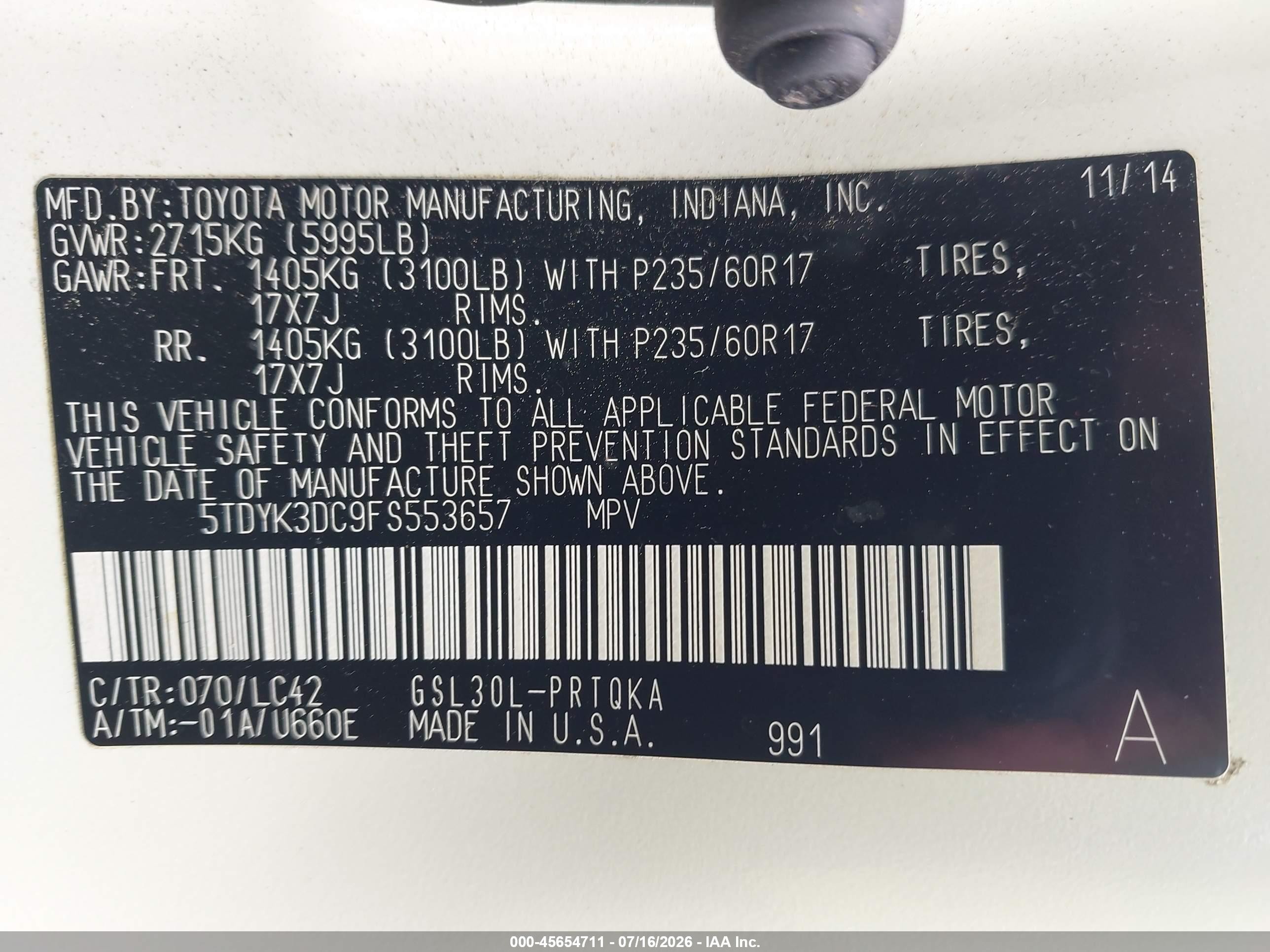 2015 Toyota Sienna Xle 8 Passenger White vin: 5TDYK3DC9FS553657