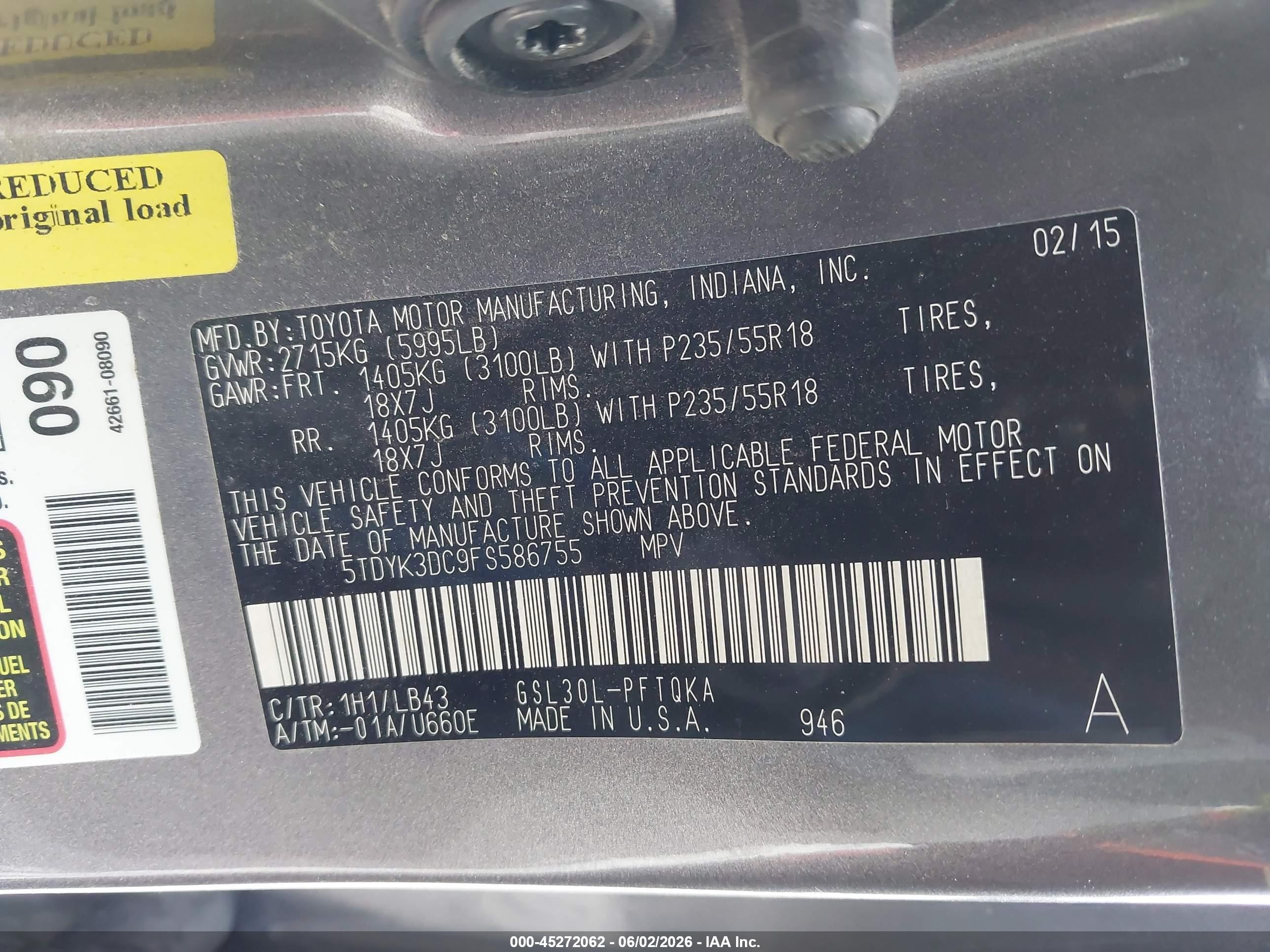 2015 Toyota Sienna Limited 7 Passenger Gray vin: 5TDYK3DC9FS586755