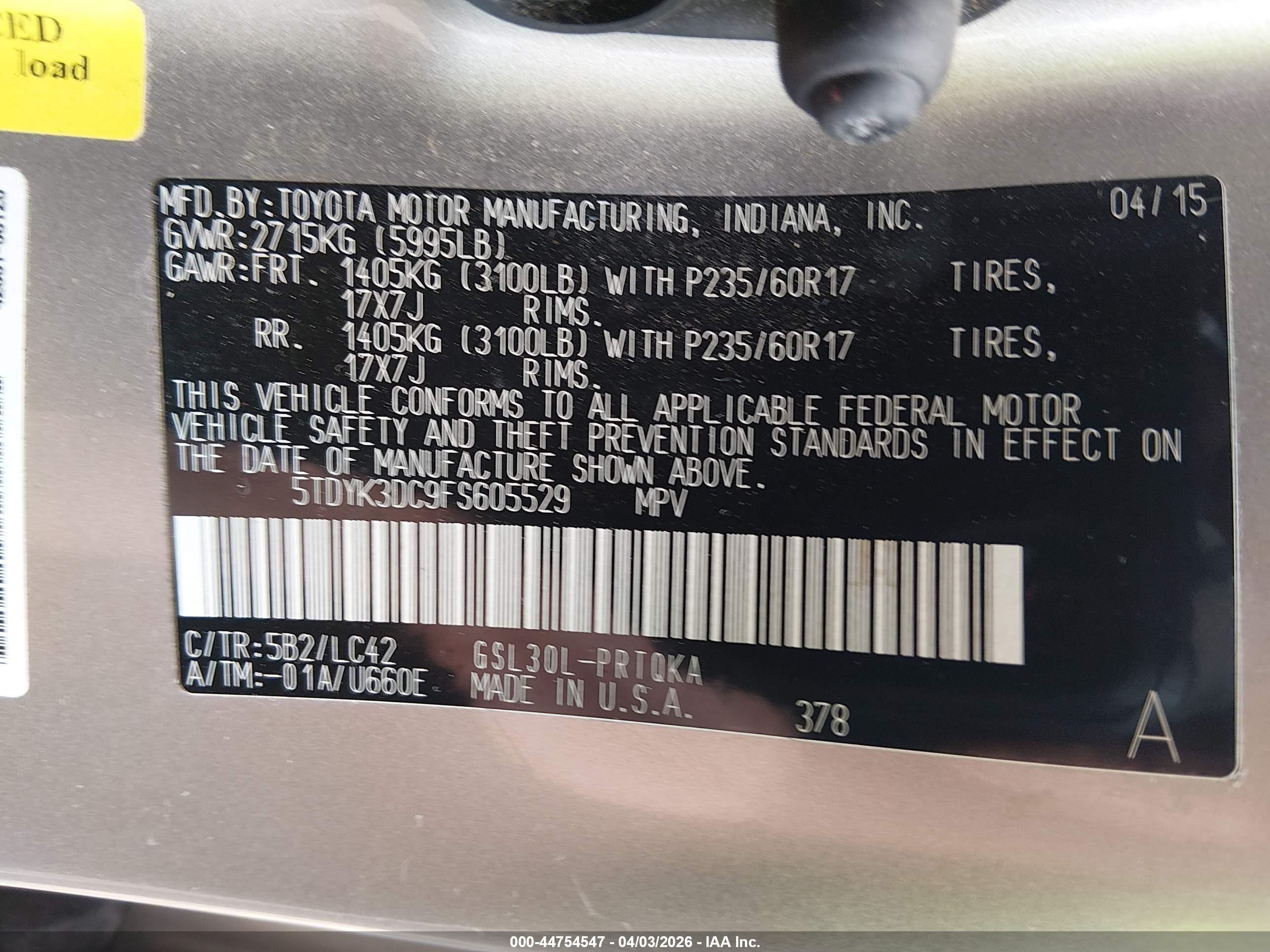 2015 Toyota Sienna Xle 8 Passenger Champagne vin: 5TDYK3DC9FS605529