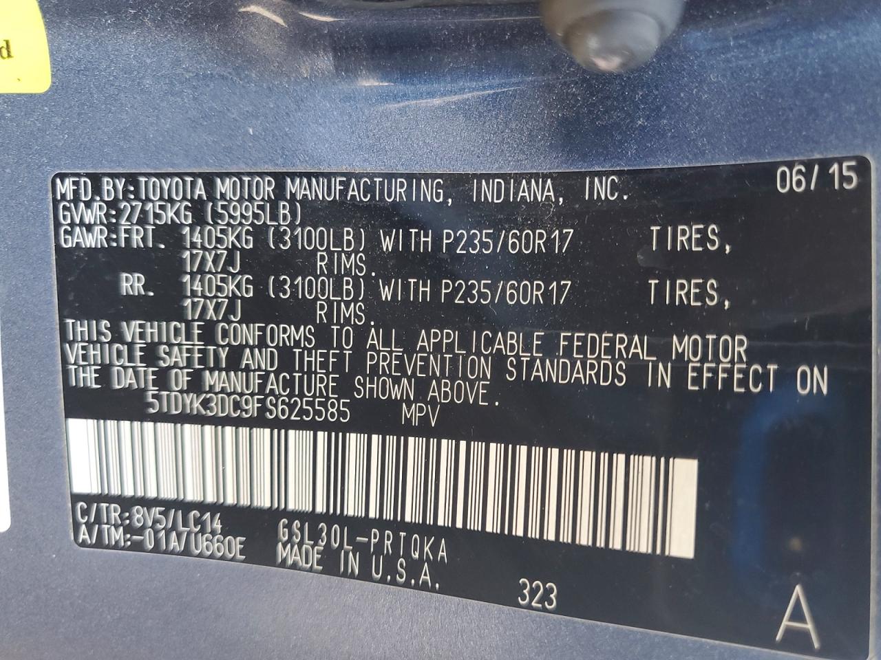 2015 Toyota Sienna Xle 8-passenger Blue vin: 5TDYK3DC9FS625585