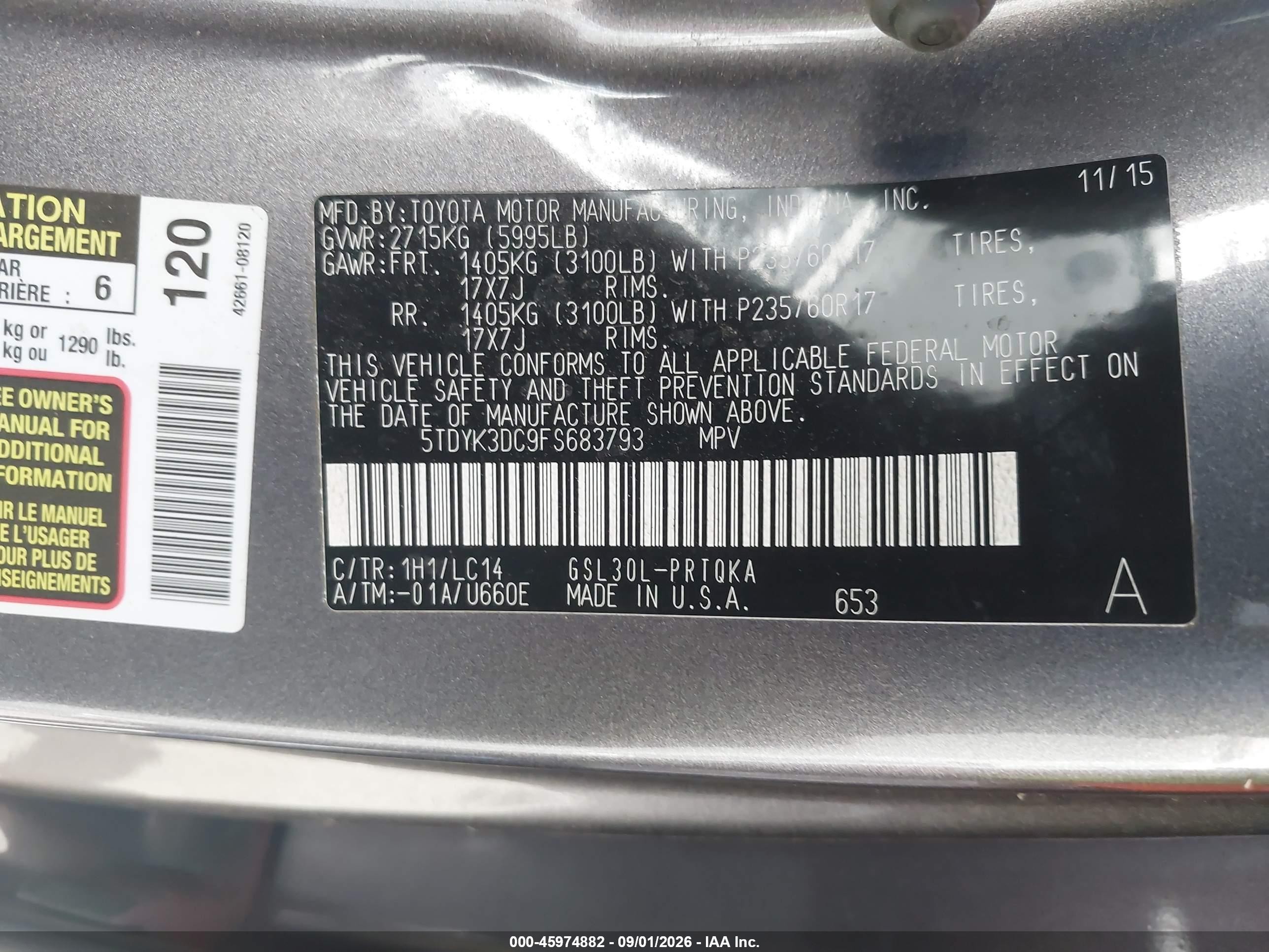 2015 Toyota Sienna Xle Premium 8 Passenger Gray vin: 5TDYK3DC9FS683793