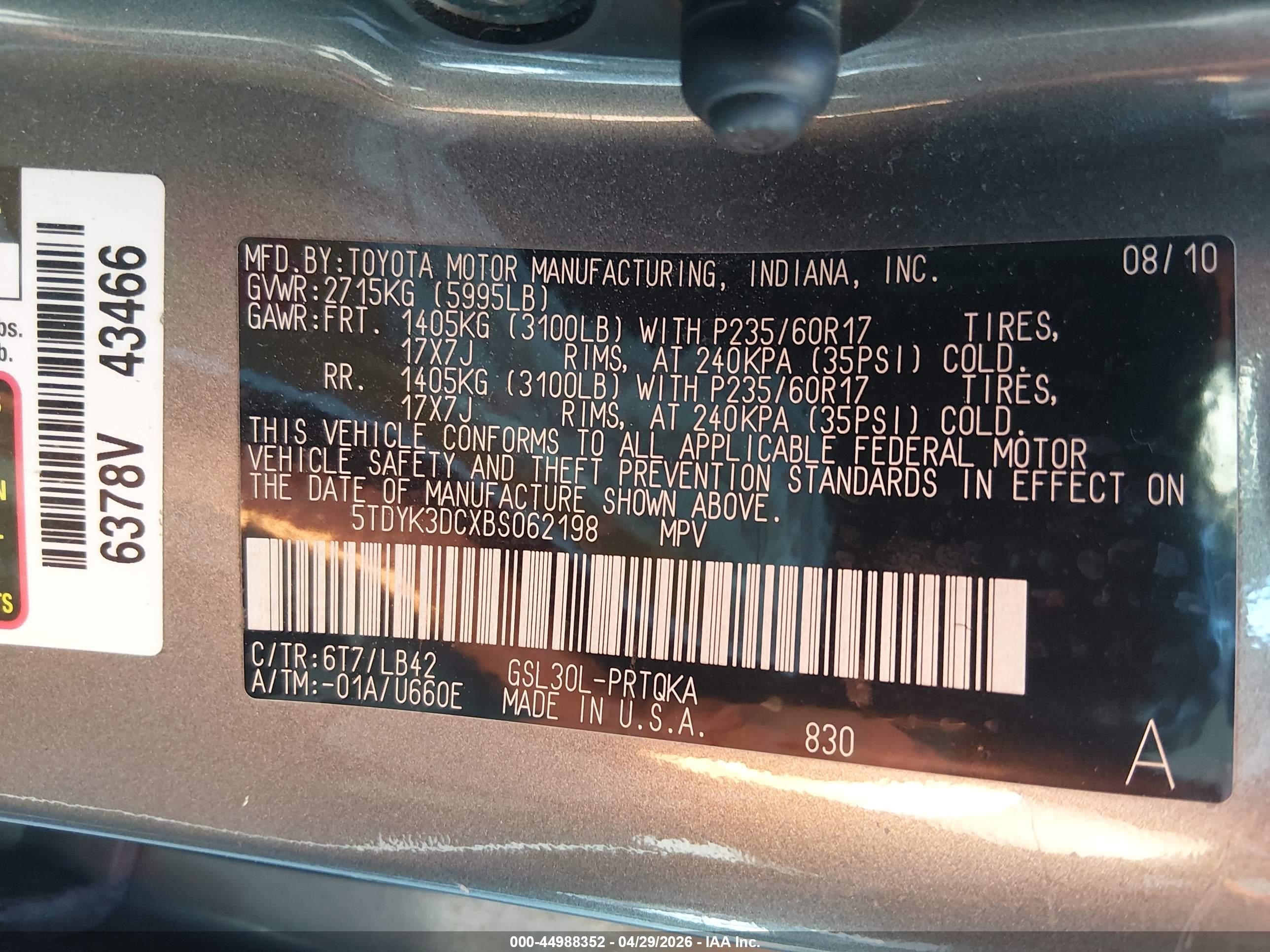 2011 Toyota Sienna Xle V6 Gray vin: 5TDYK3DCXBS062198