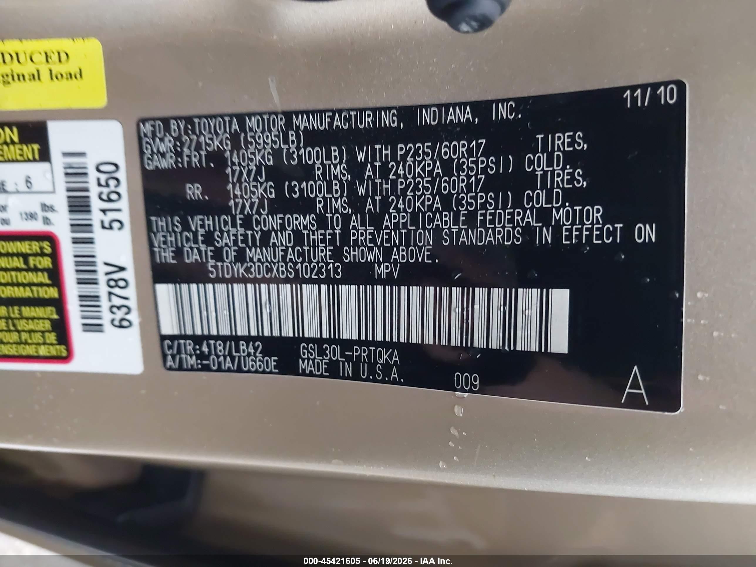 2011 Toyota Sienna Xle V6 Бежевый vin: 5TDYK3DCXBS102313