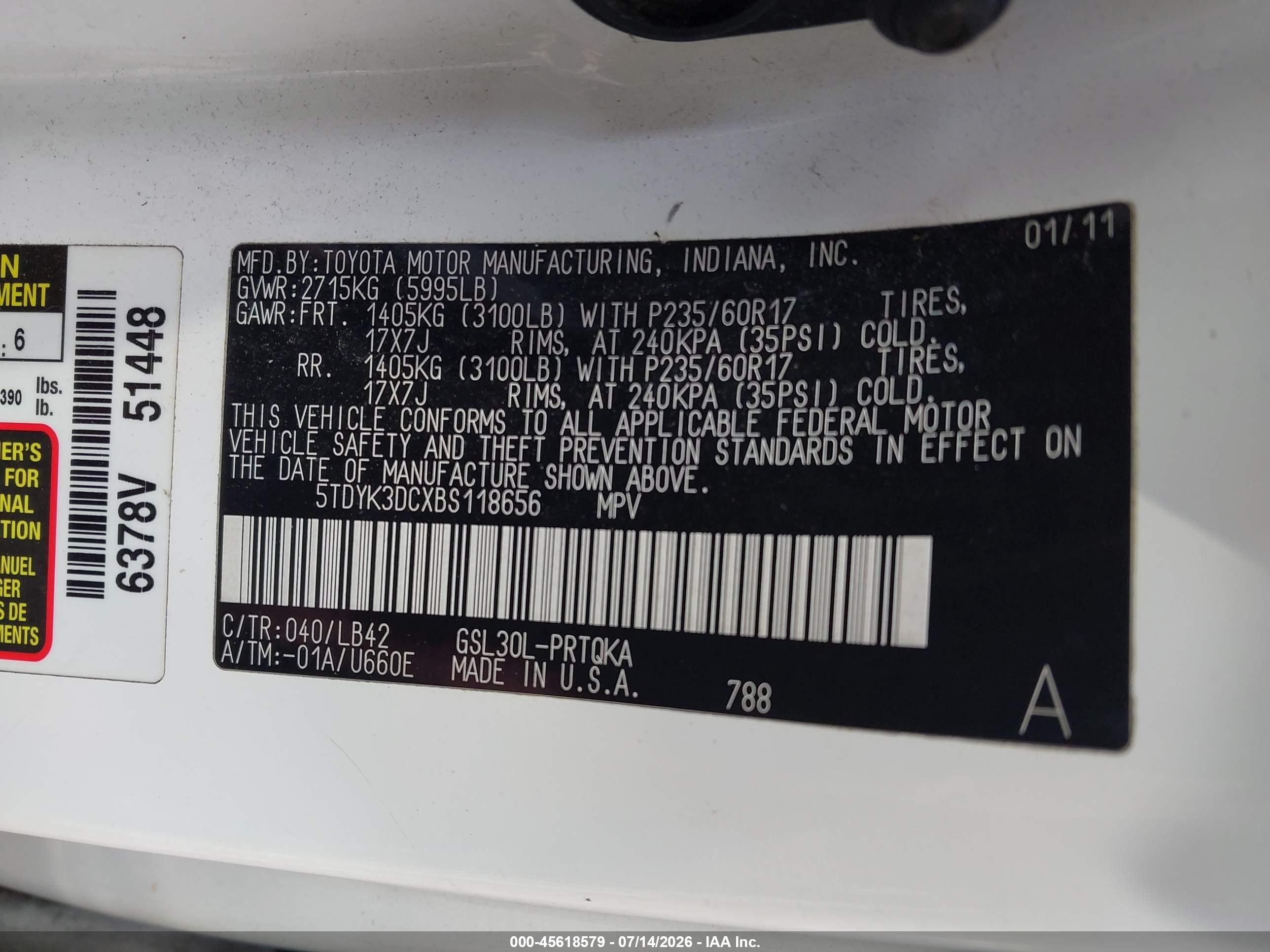 2011 Toyota Sienna Xle V6 White vin: 5TDYK3DCXBS118656