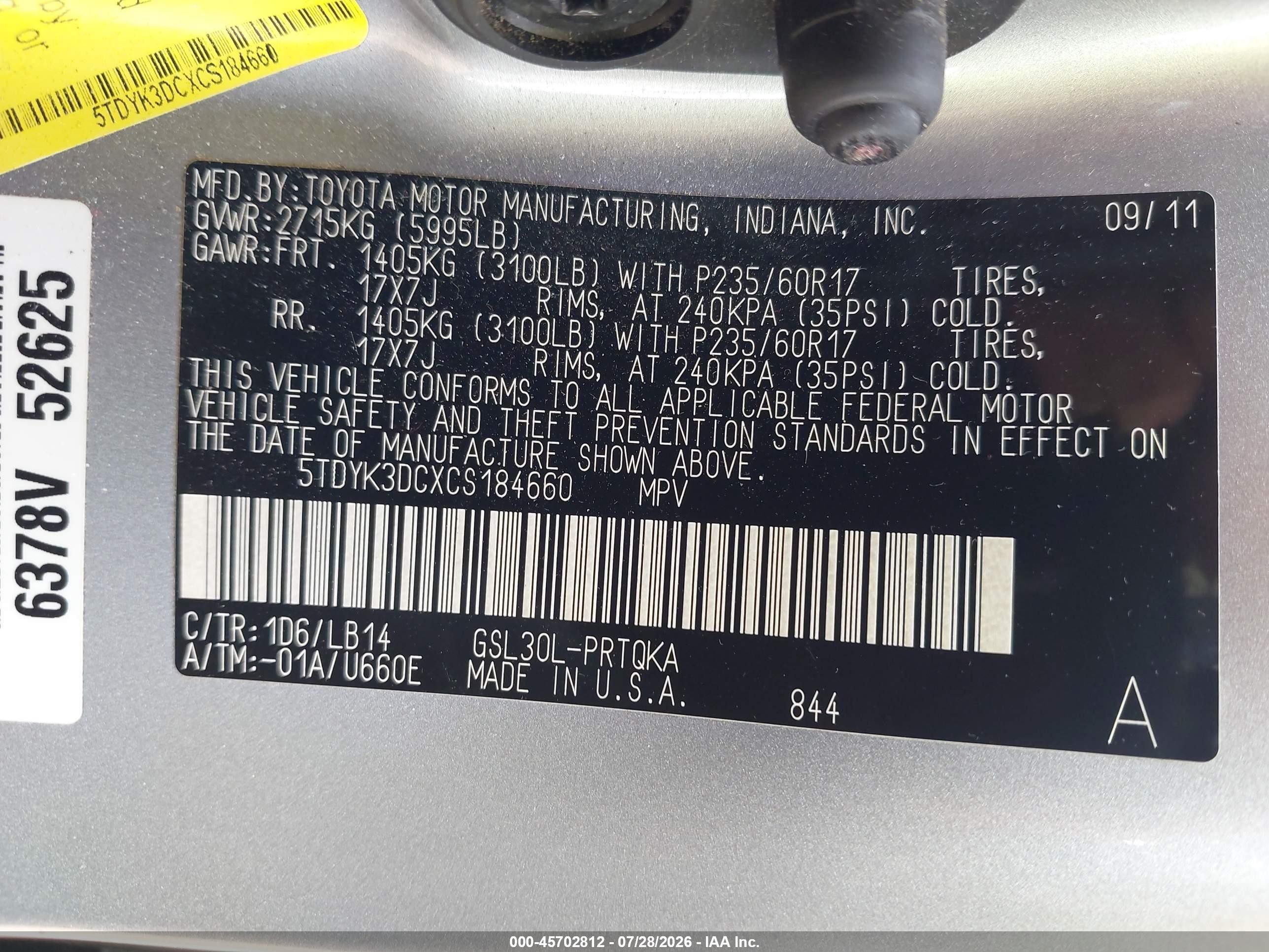 2012 Toyota Sienna Xle V6 8 Passenger Silver vin: 5TDYK3DCXCS184660