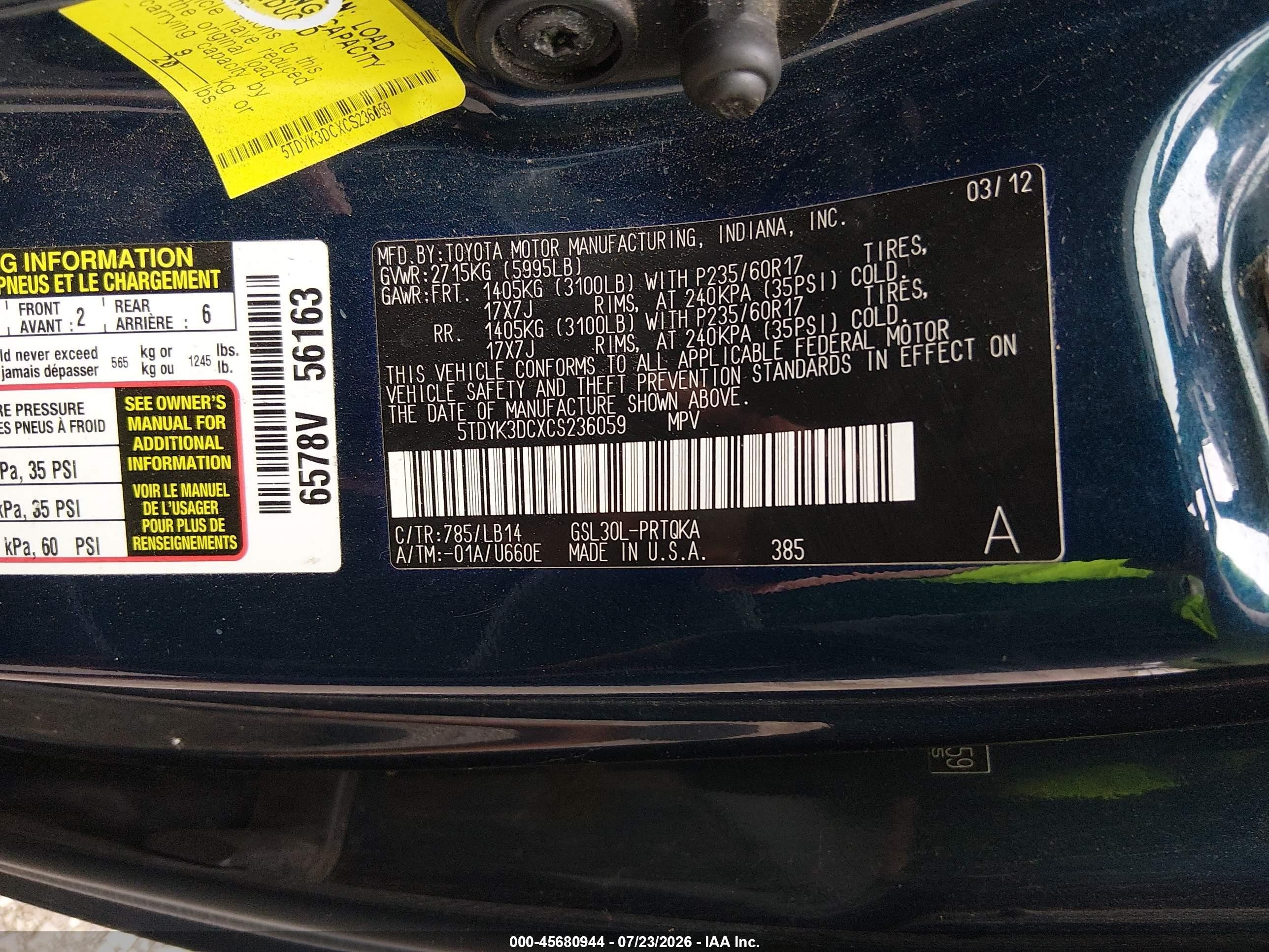 2012 Toyota Sienna Xle V6 8 Passenger Blue vin: 5TDYK3DCXCS236059