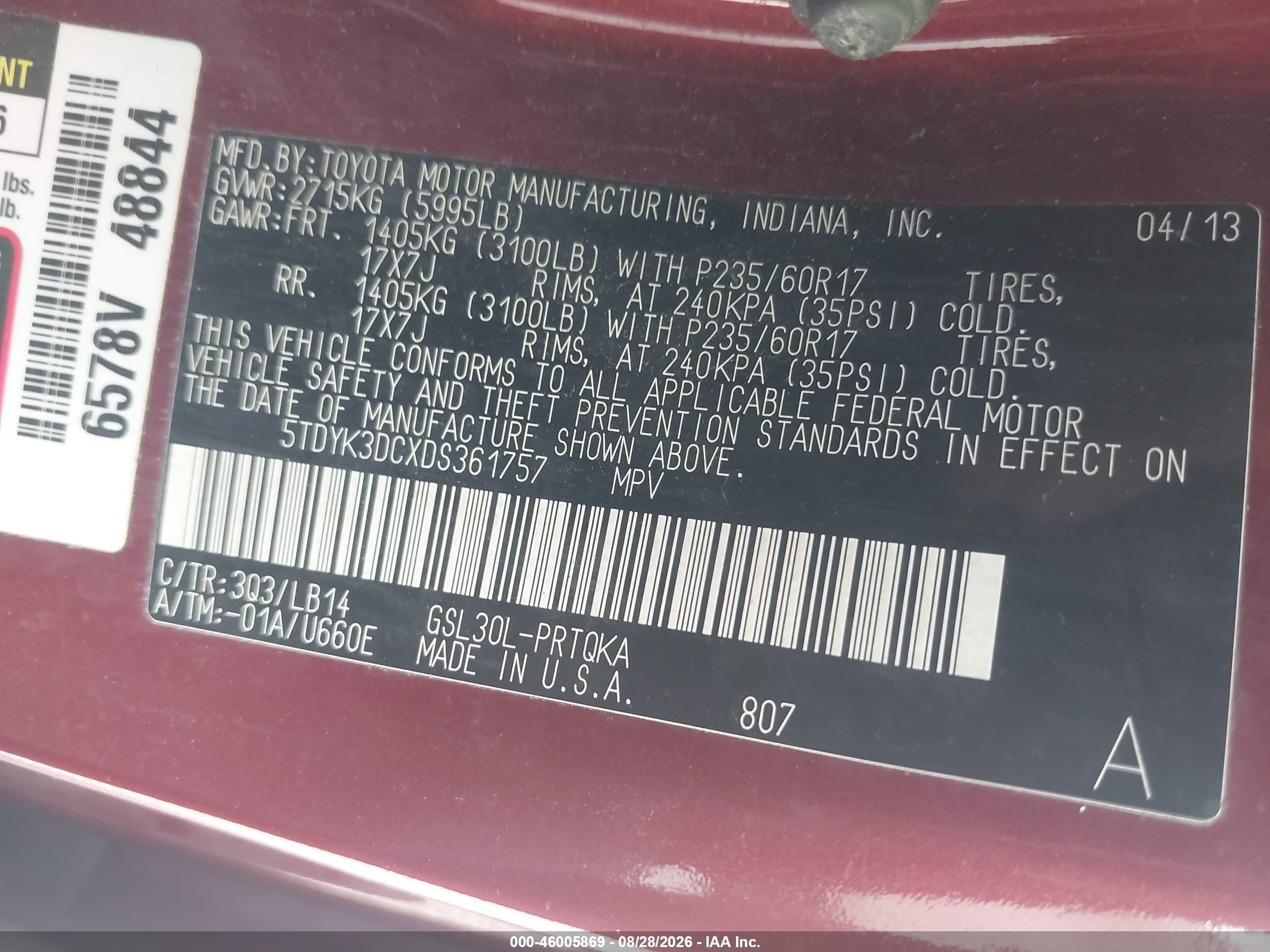 2013 Toyota Sienna Xle V6 8 Passenger Red vin: 5TDYK3DCXDS361757