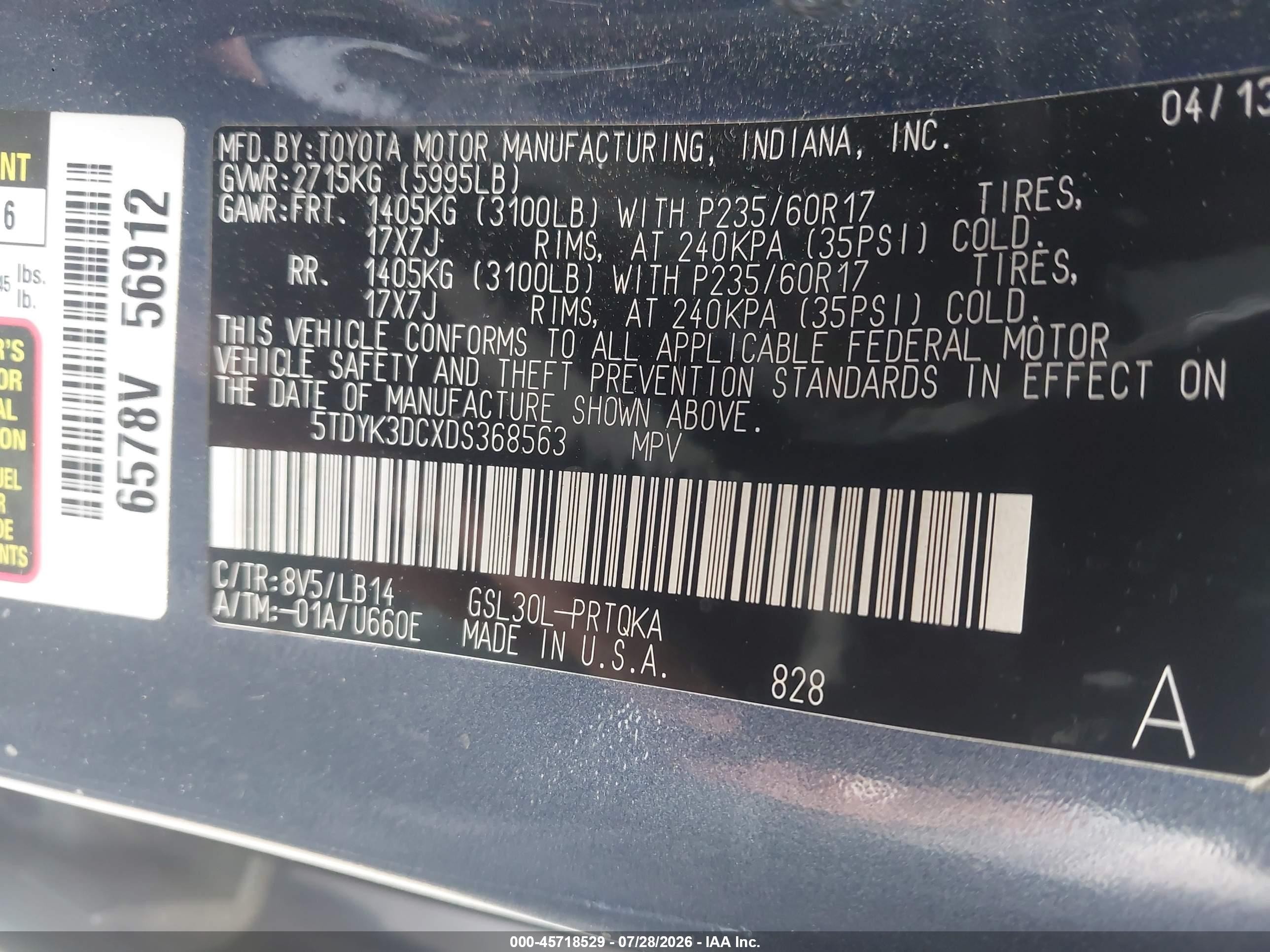 2013 Toyota Sienna Xle V6 8 Passenger Blue vin: 5TDYK3DCXDS368563