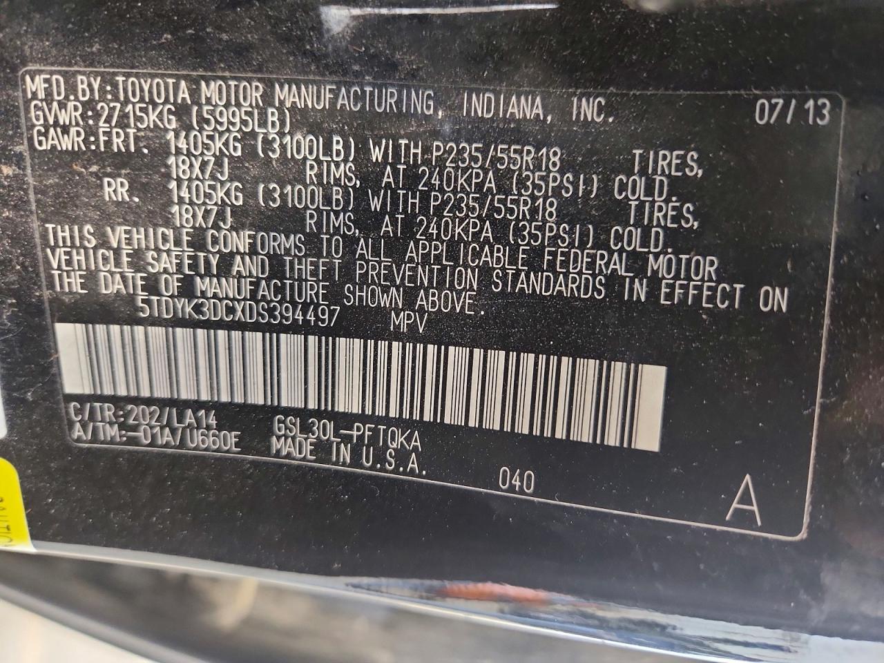 2013 Toyota Sienna Limited 7-passenger Black vin: 5TDYK3DCXDS394497