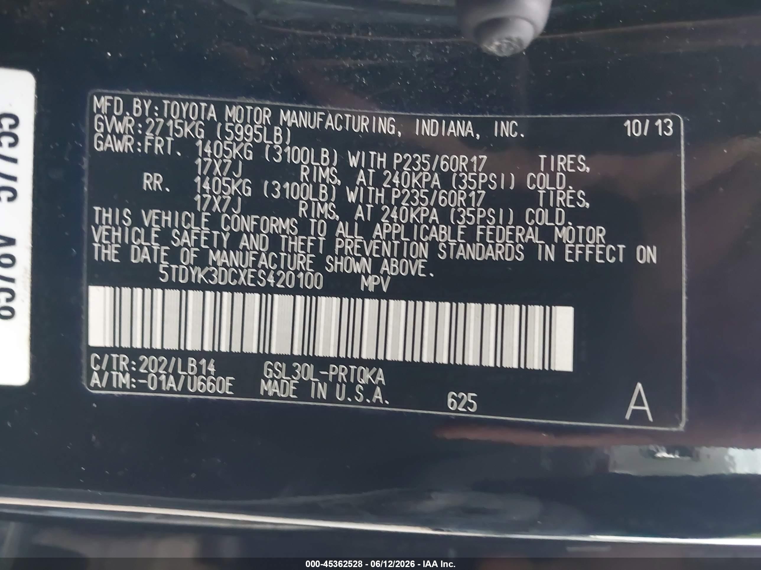 2014 Toyota Sienna Xle V6 8 Passenger Black vin: 5TDYK3DCXES420100