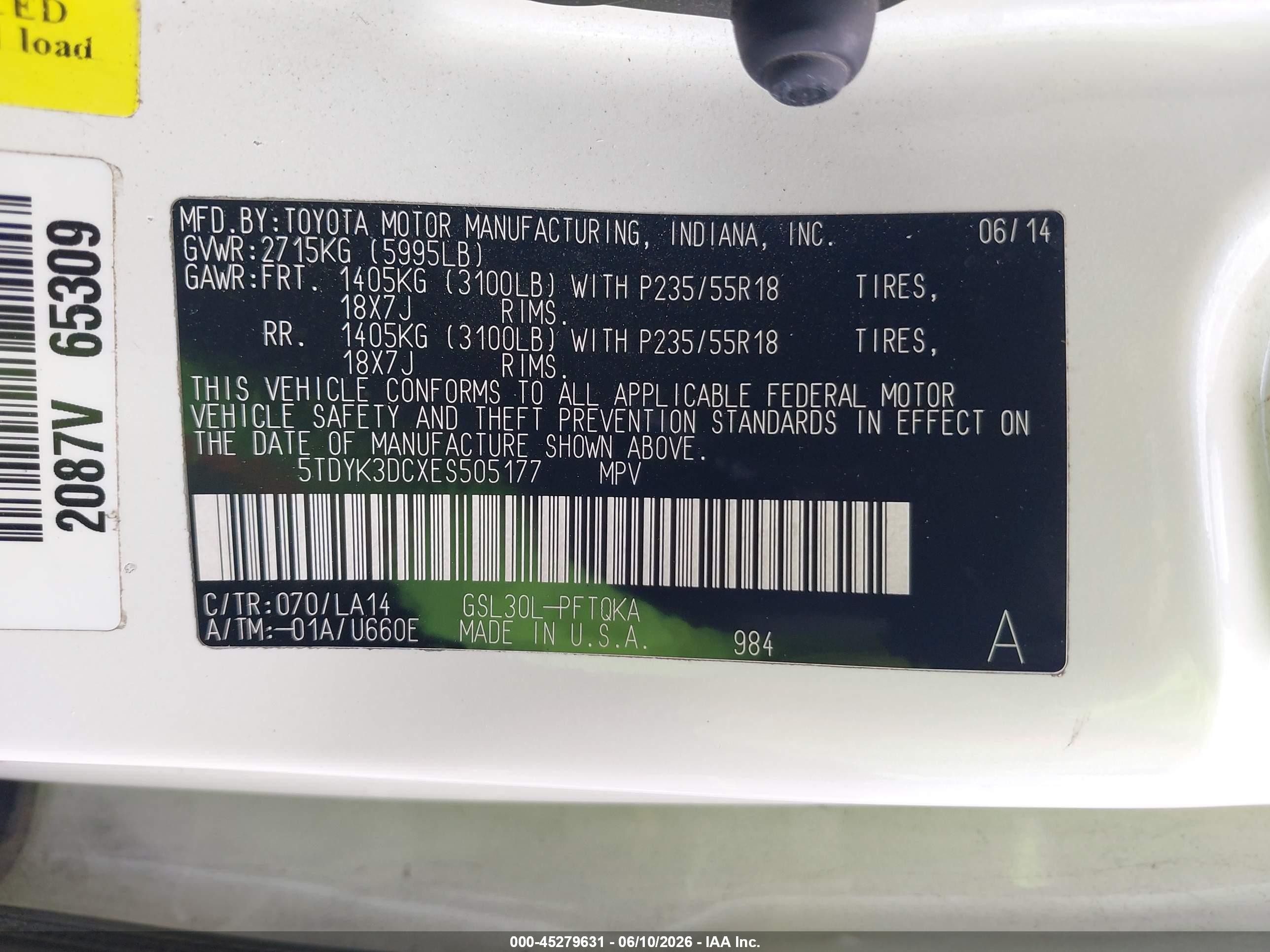 2014 Toyota Sienna Limited V6 7 Passenger White vin: 5TDYK3DCXES505177