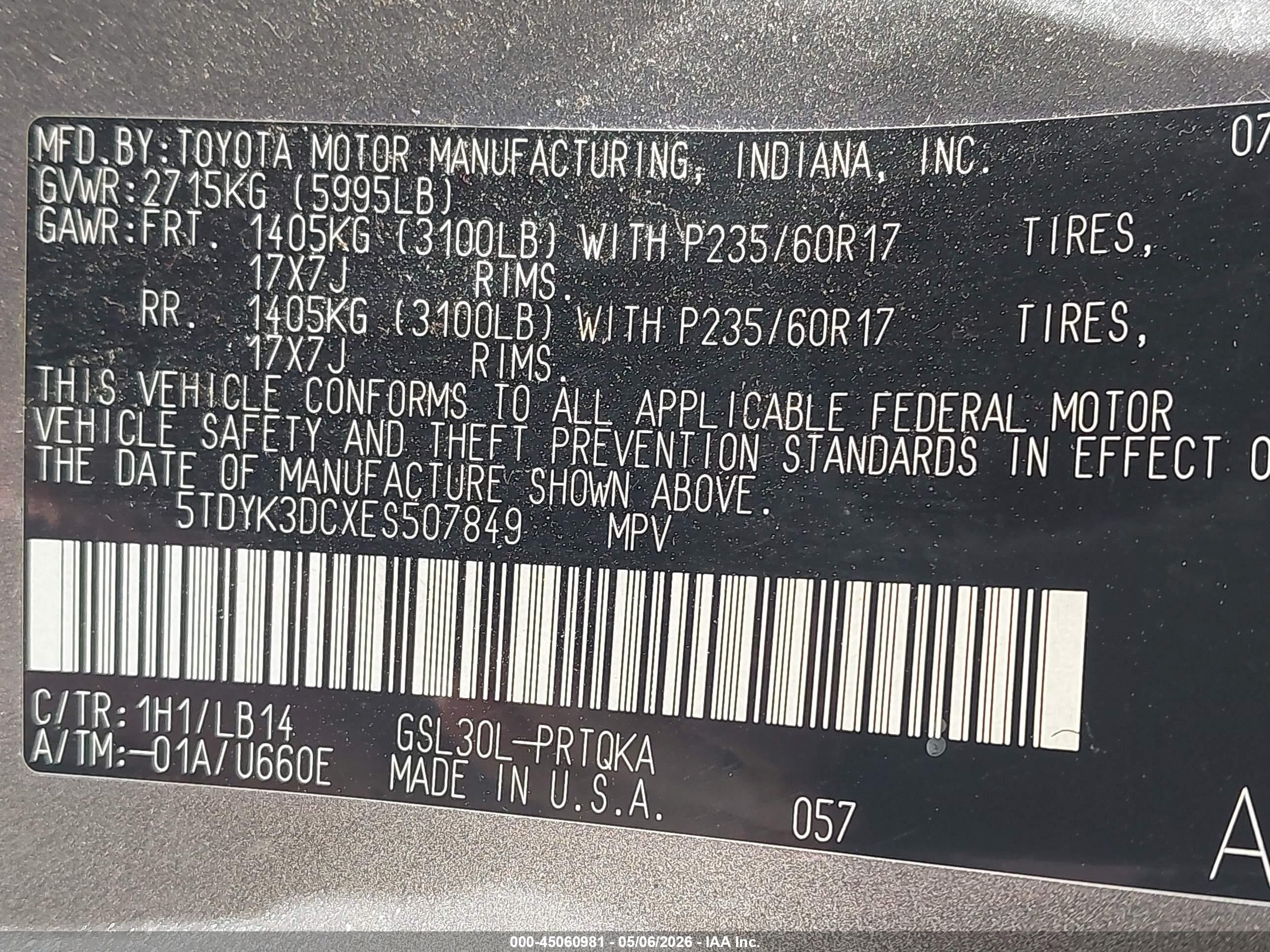 2014 Toyota Sienna Xle V6 8 Passenger Серый vin: 5TDYK3DCXES507849