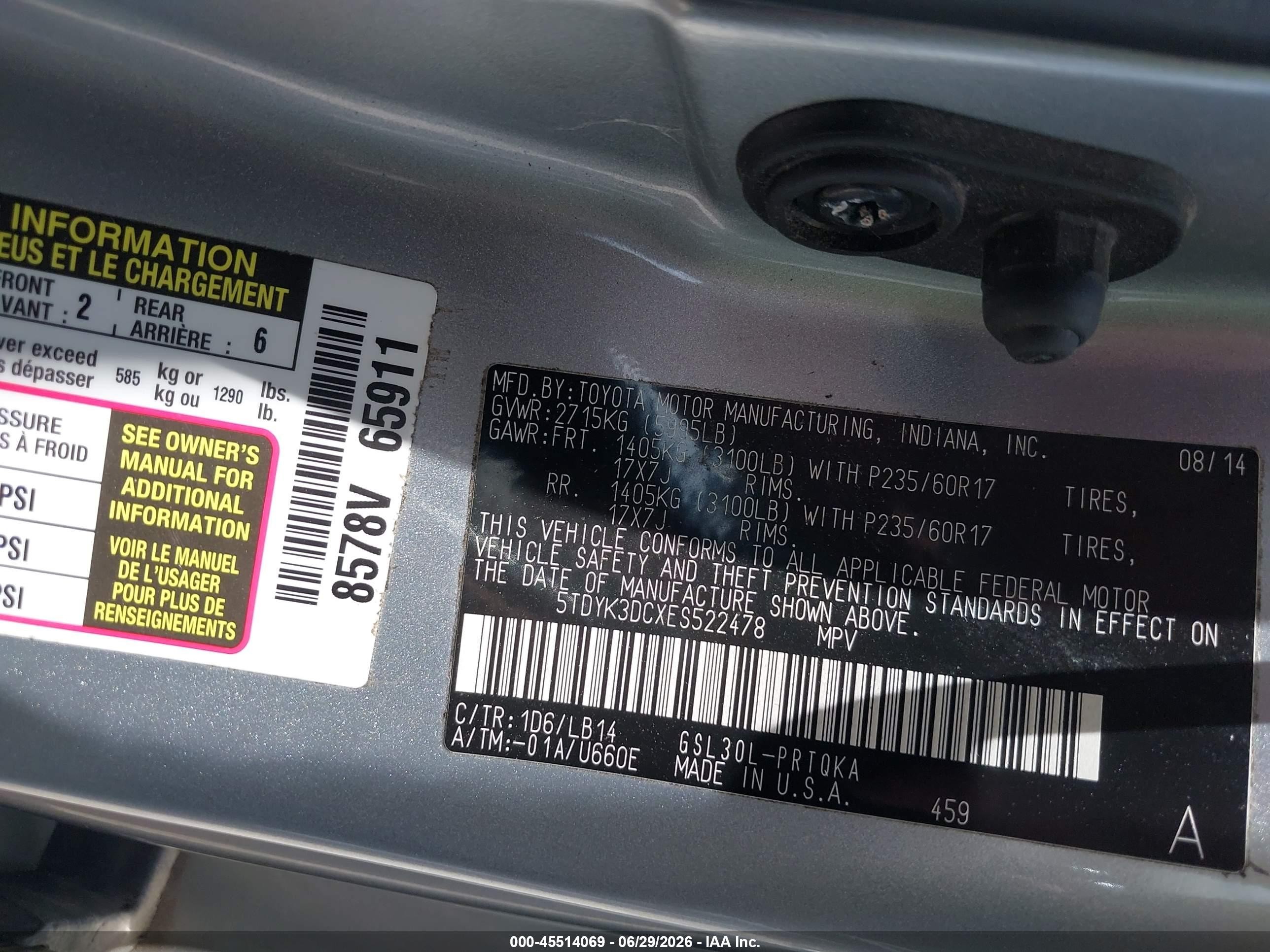2014 Toyota Sienna Xle V6 8 Passenger Silver vin: 5TDYK3DCXES522478