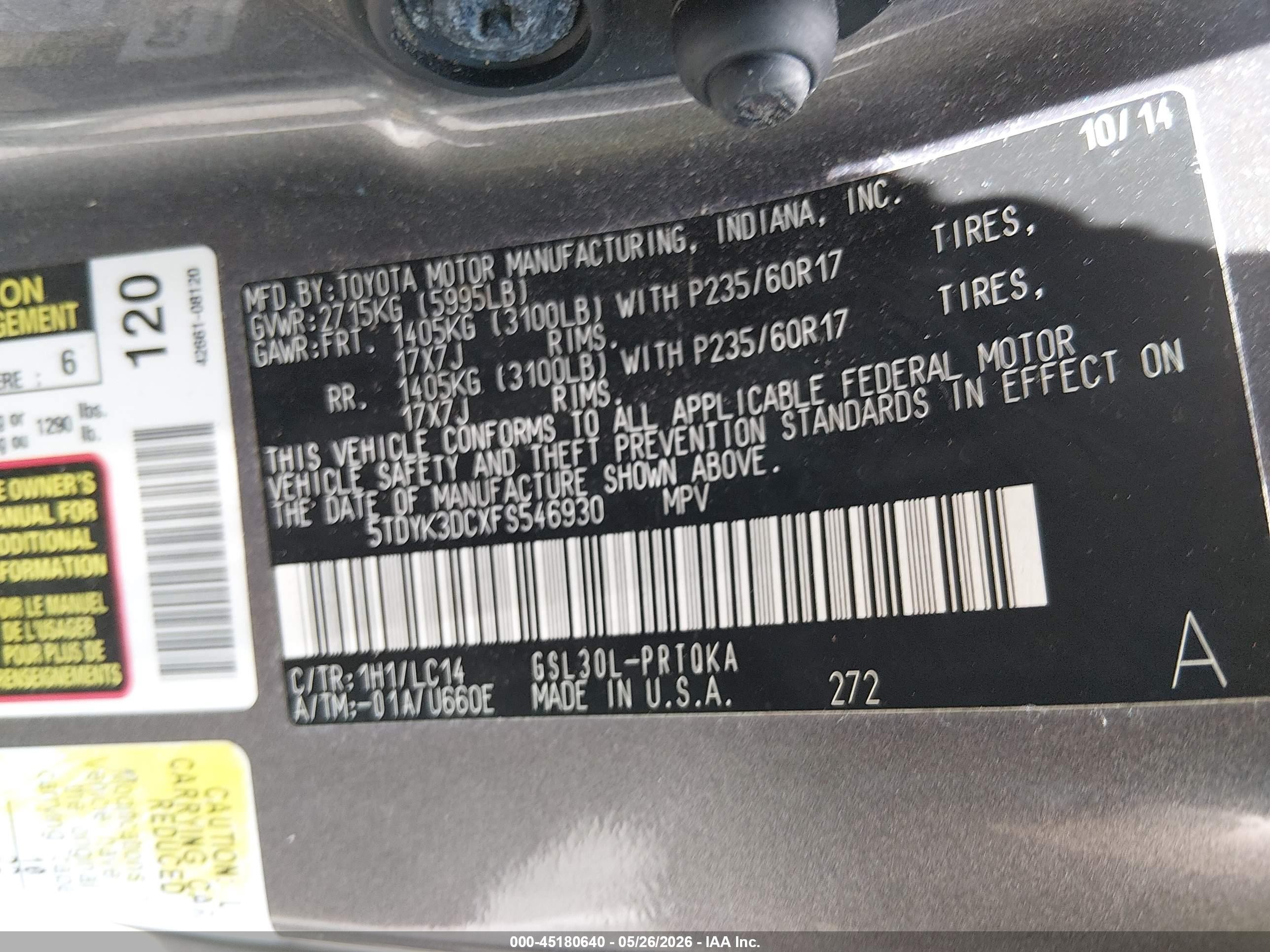 2015 Toyota Sienna Xle 8 Passenger Gray vin: 5TDYK3DCXFS546930