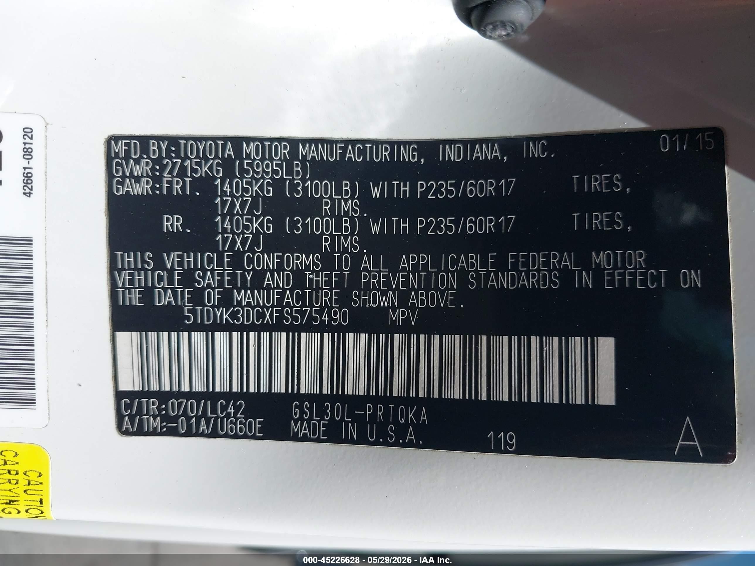 2015 Toyota Sienna Xle 8 Passenger Белый vin: 5TDYK3DCXFS575490
