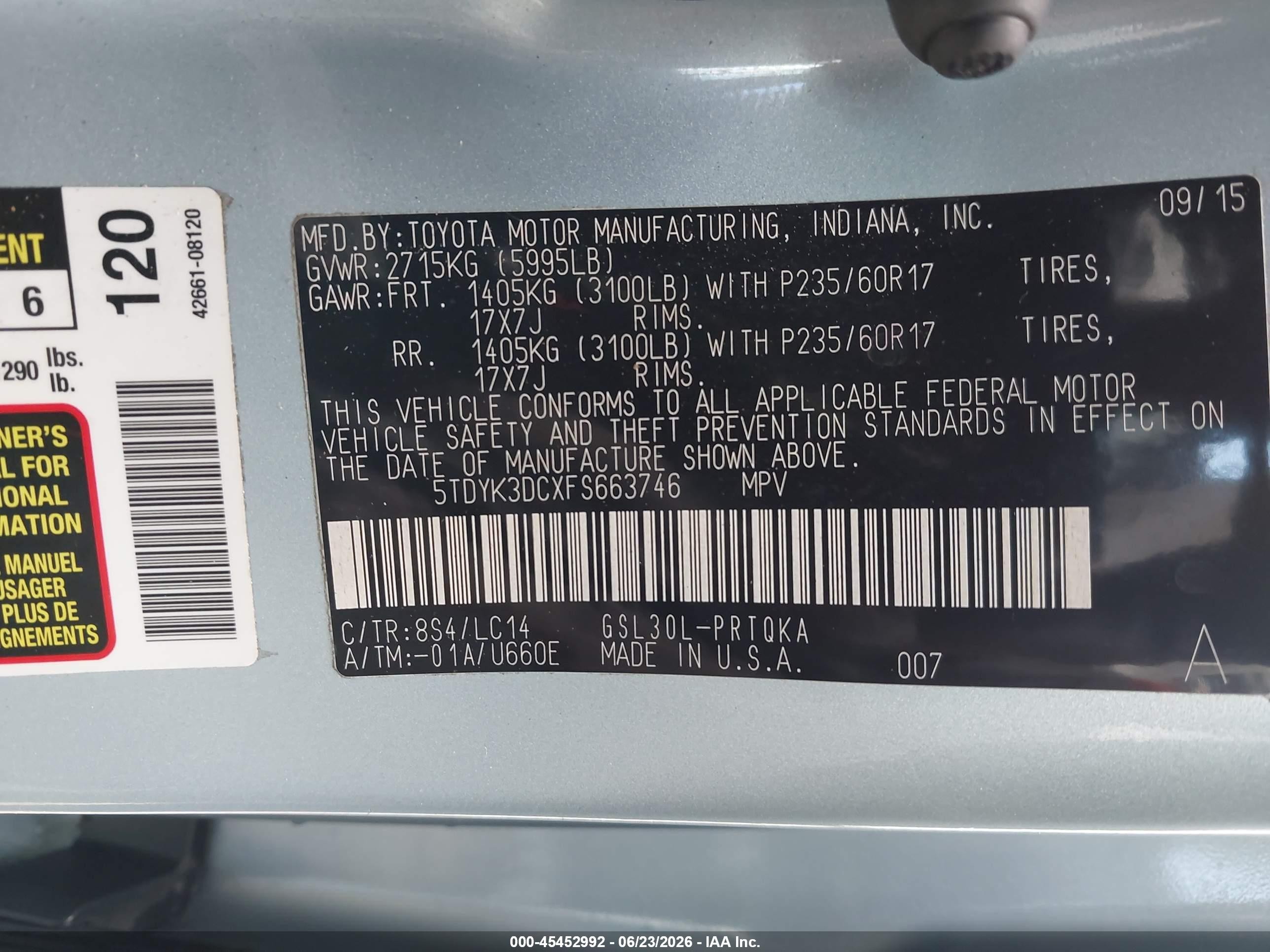 2015 Toyota Sienna Xle 8 Passenger Blue vin: 5TDYK3DCXFS663746