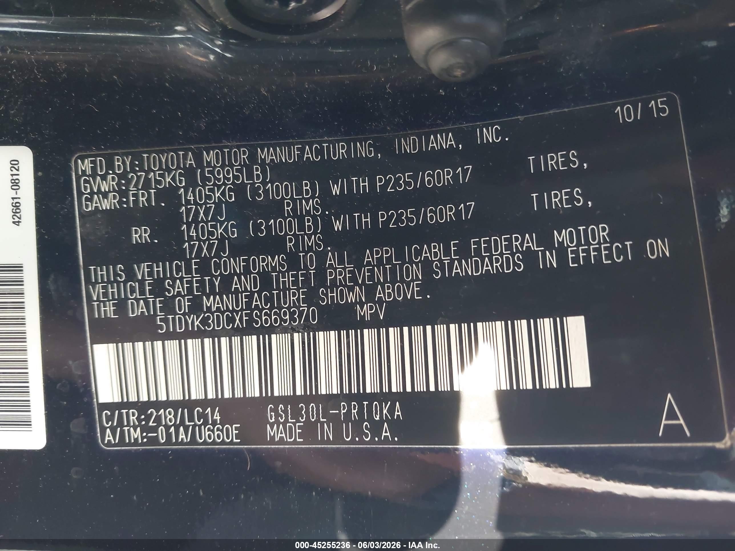 2015 Toyota Sienna Xle 8 Passenger Black vin: 5TDYK3DCXFS669370