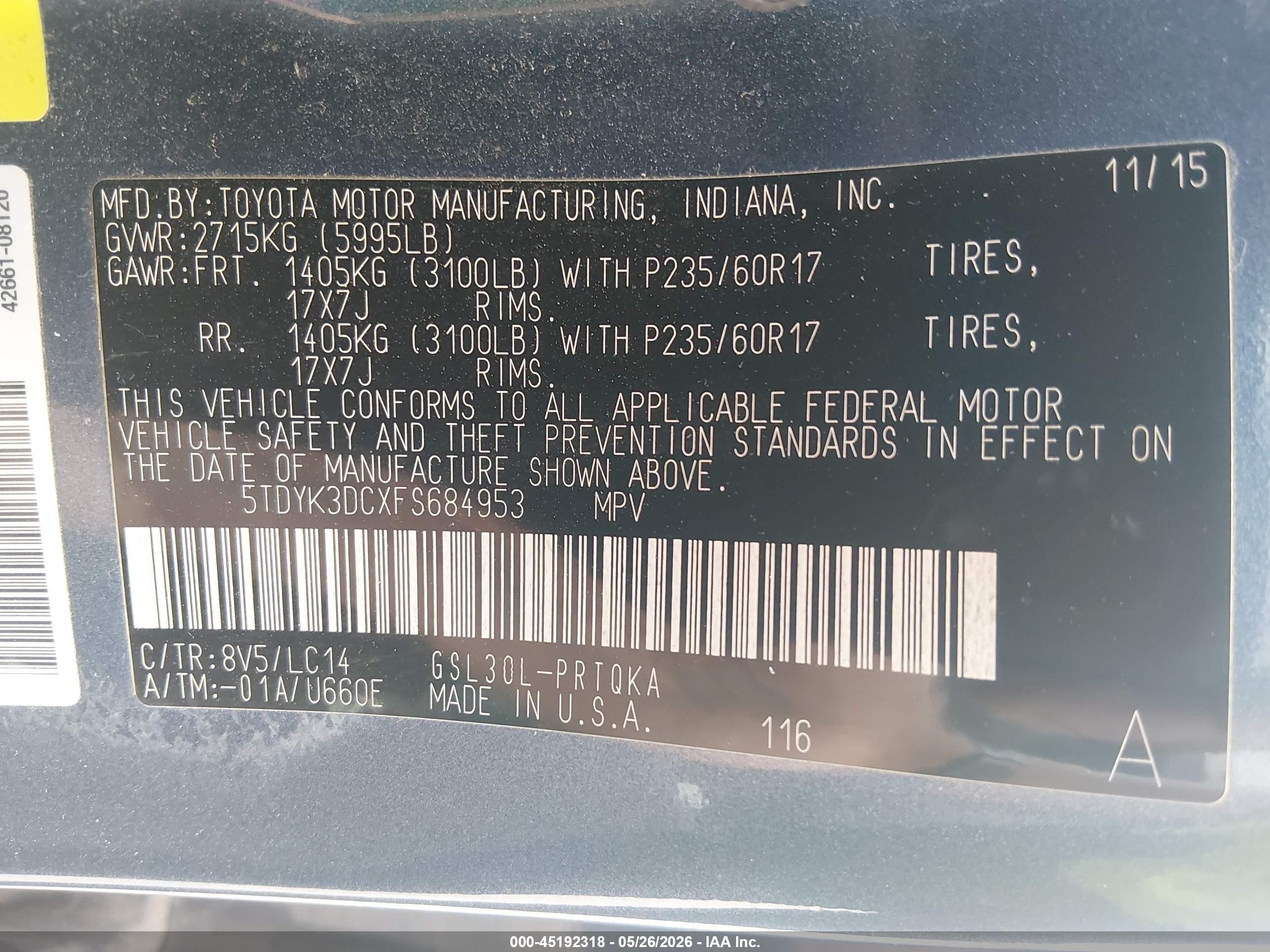 2015 Toyota Sienna Xle 8 Passenger Blue vin: 5TDYK3DCXFS684953