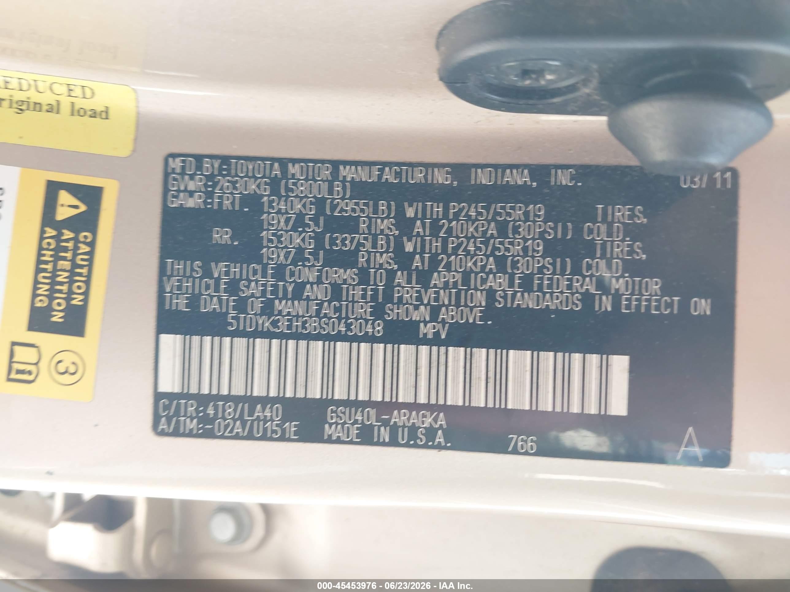 2011 Toyota Highlander Limited V6 Champagne vin: 5TDYK3EH3BS043048