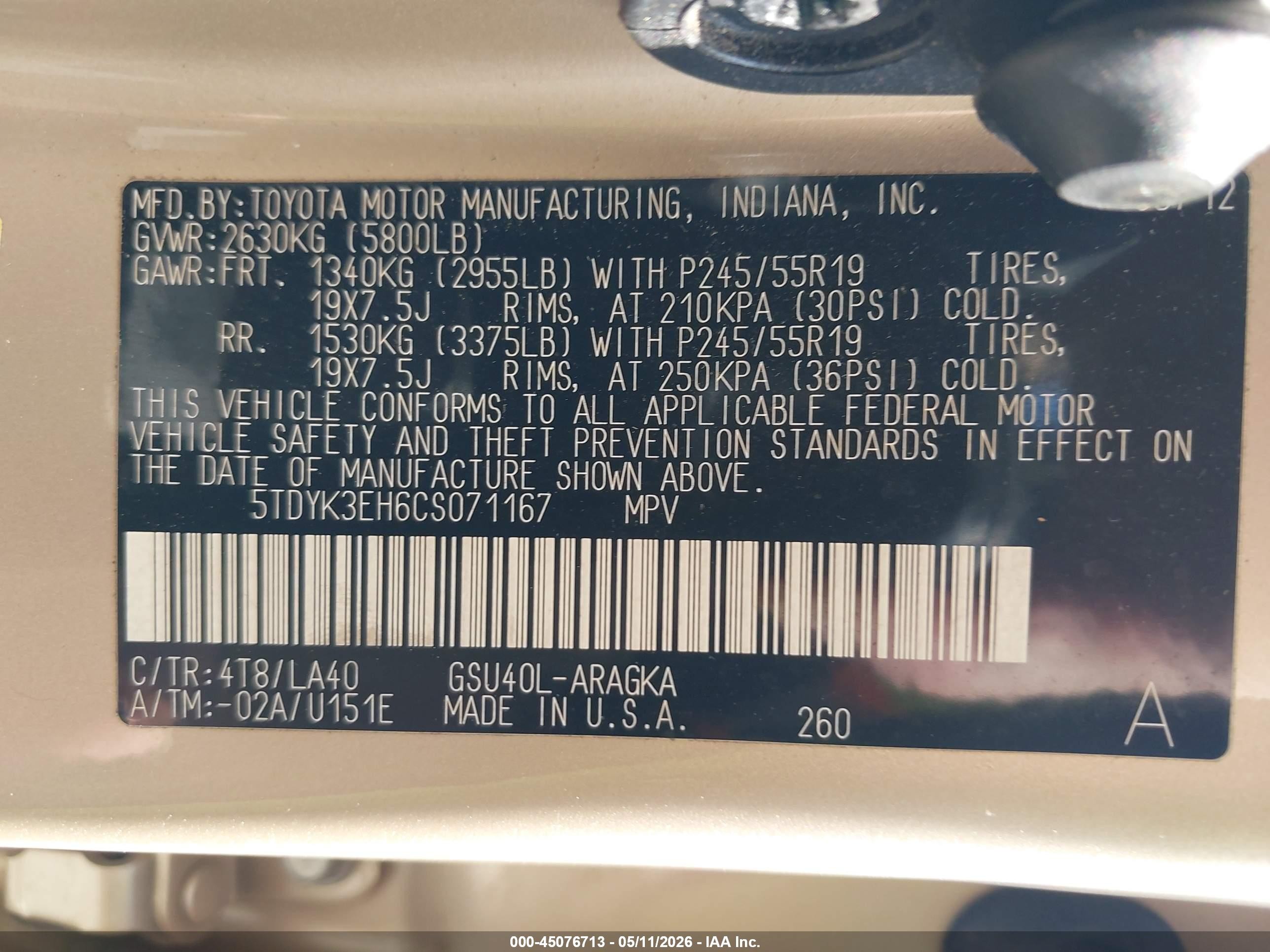 2012 Toyota Highlander Limited V6 Champagne vin: 5TDYK3EH6CS071167