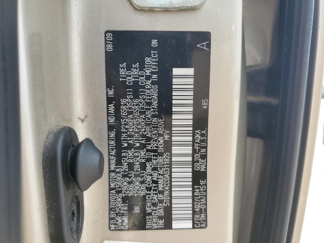 2010 Toyota Sienna Xle Tan vin: 5TDYK4CC0AS311825