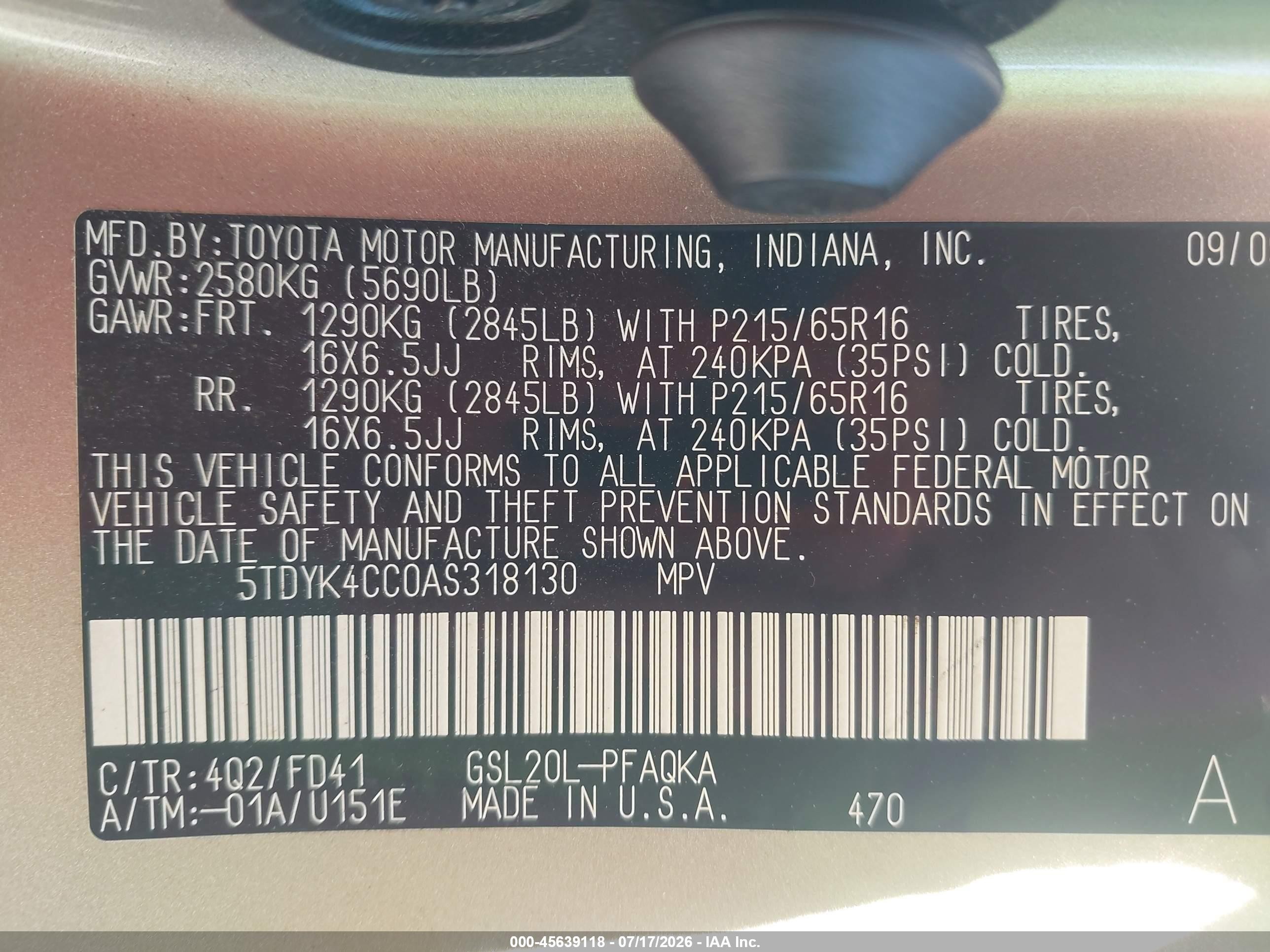 2010 Toyota Sienna Xle Beige vin: 5TDYK4CC0AS318130