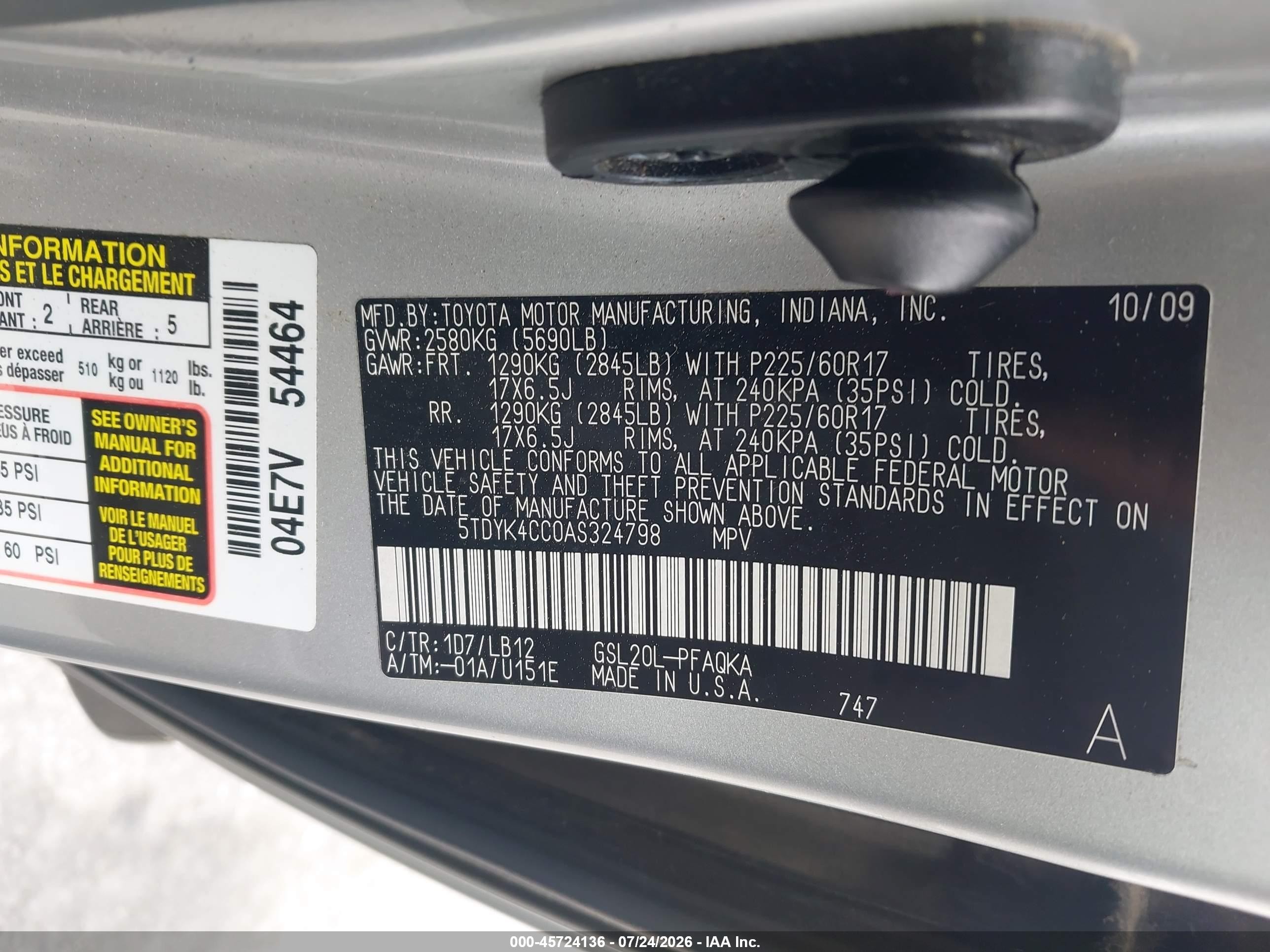 2010 Toyota Sienna Xle Silver vin: 5TDYK4CC0AS324798