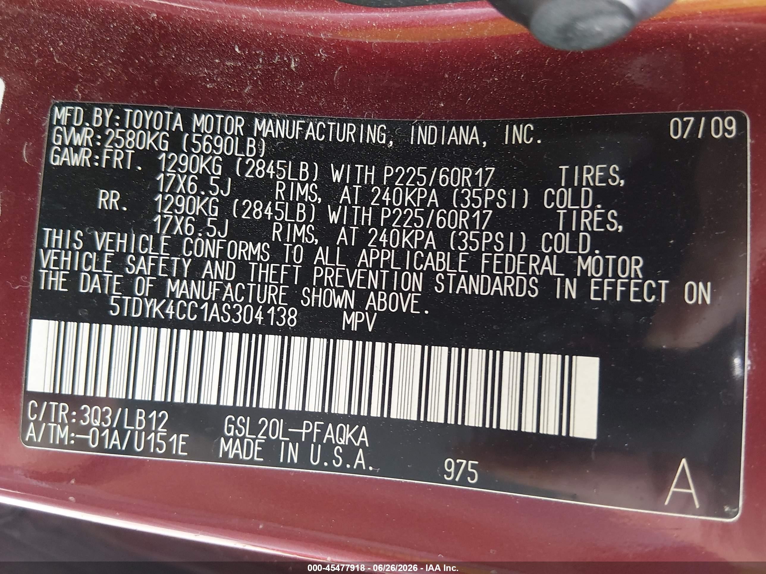 2010 Toyota Sienna Xle Maroon vin: 5TDYK4CC1AS304138