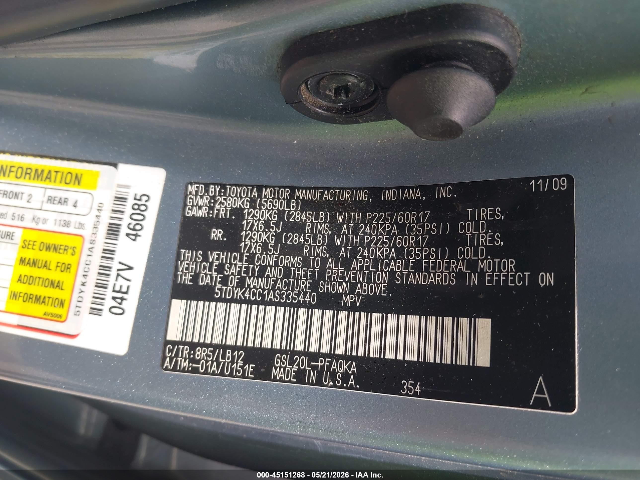 2010 Toyota Sienna Xle Light Blue vin: 5TDYK4CC1AS335440
