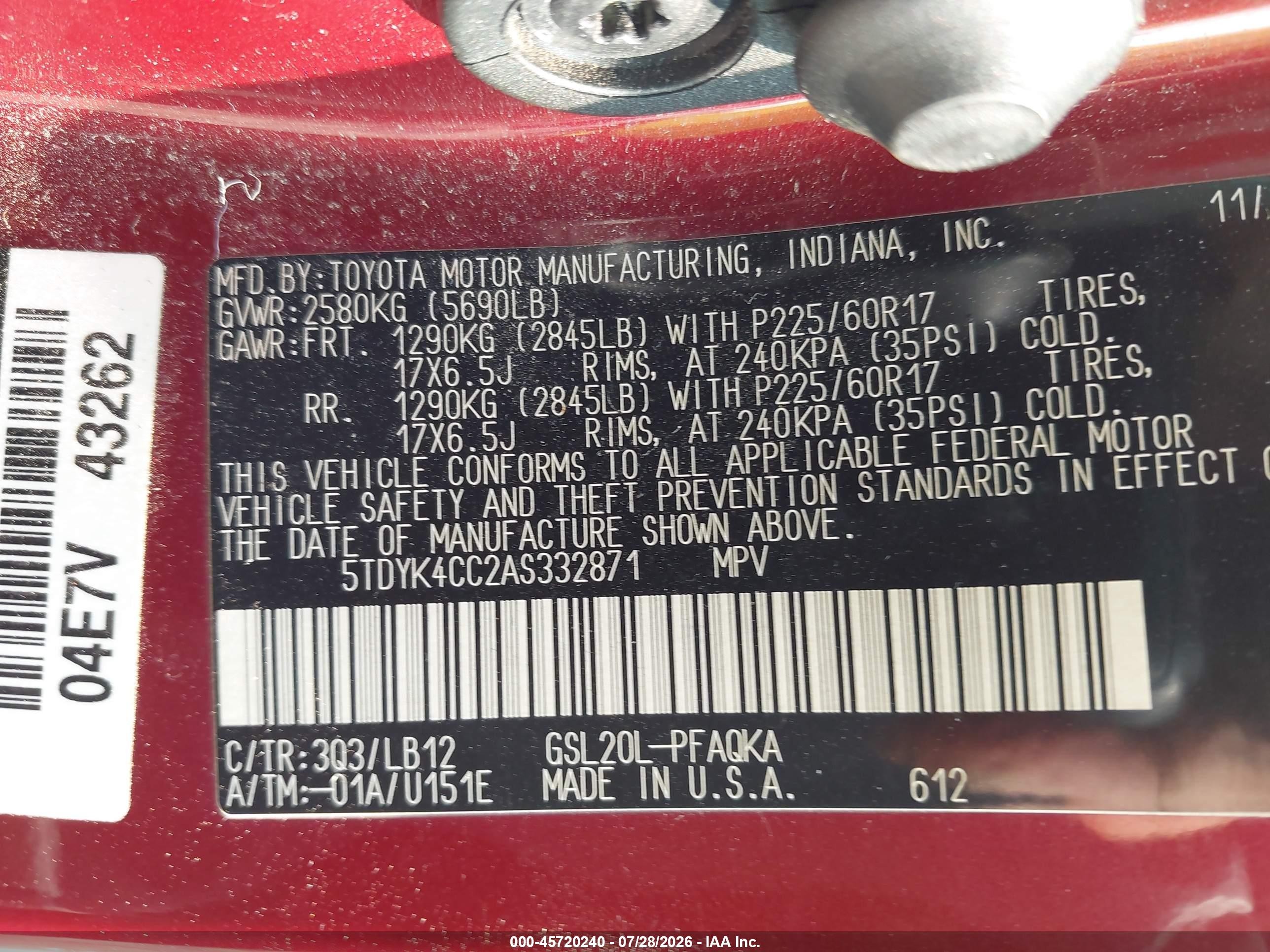 2010 Toyota Sienna Xle Red vin: 5TDYK4CC2AS332871