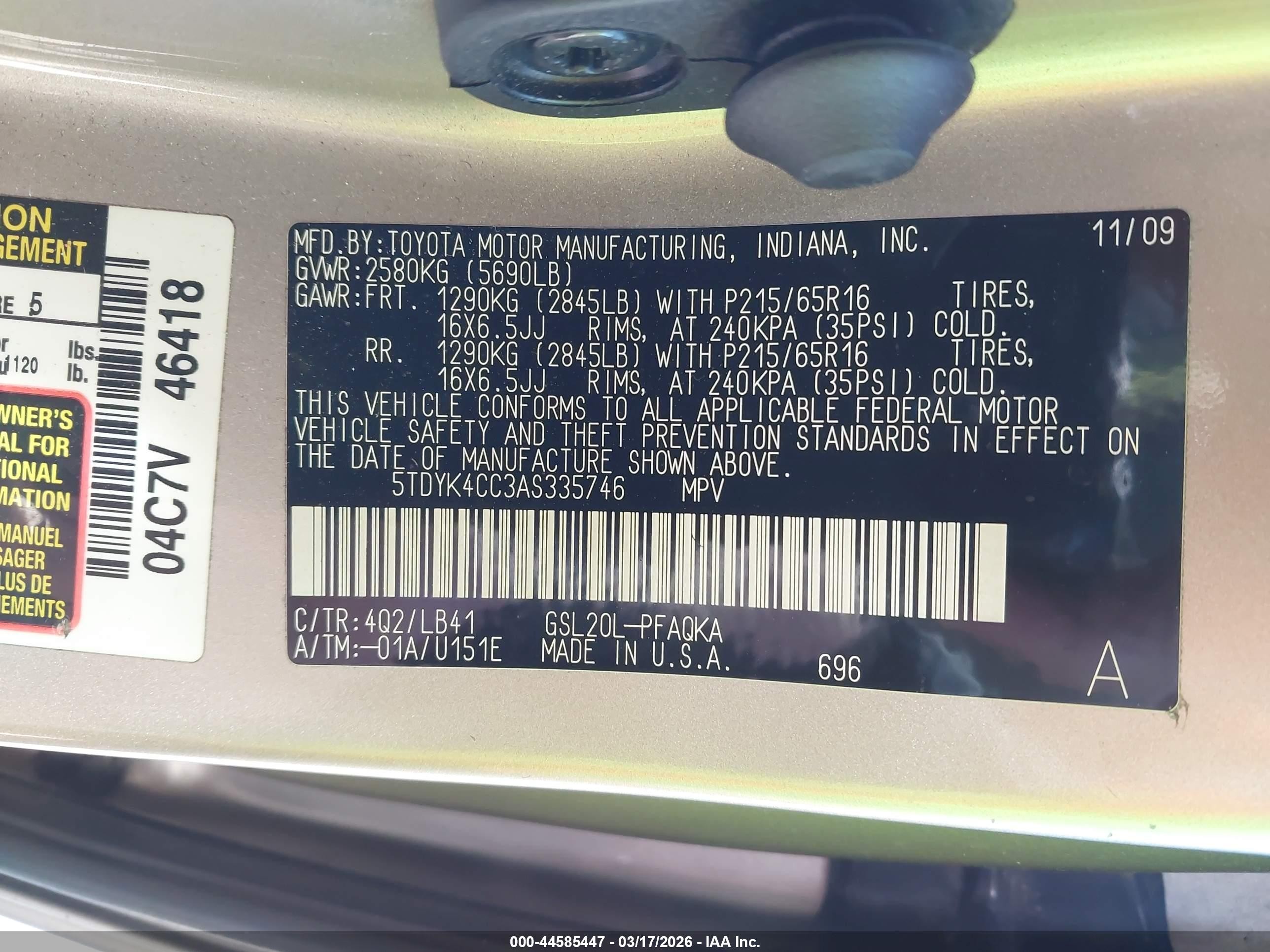 2010 Toyota Sienna Xle Tan vin: 5TDYK4CC3AS335746