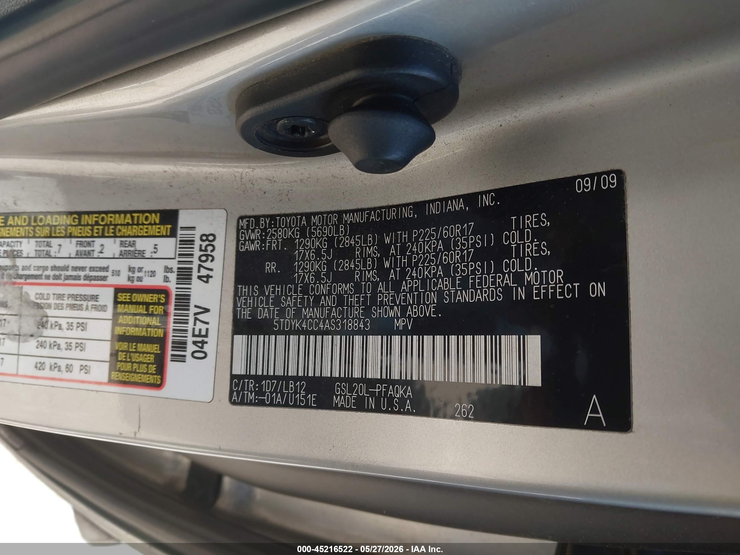 2010 Toyota Sienna Xle Серебряный vin: 5TDYK4CC4AS318843