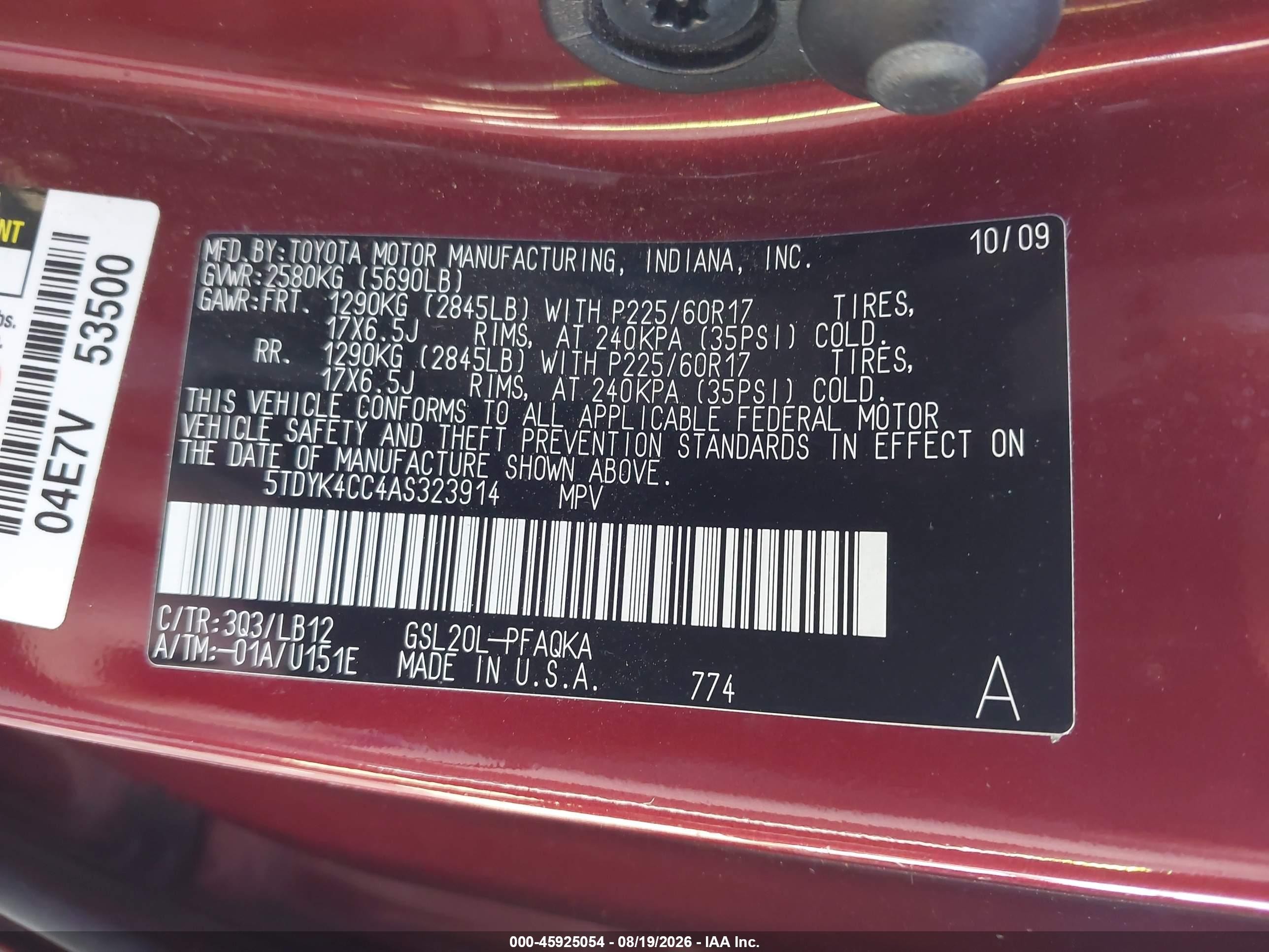 2010 Toyota Sienna Xle Red vin: 5TDYK4CC4AS323914