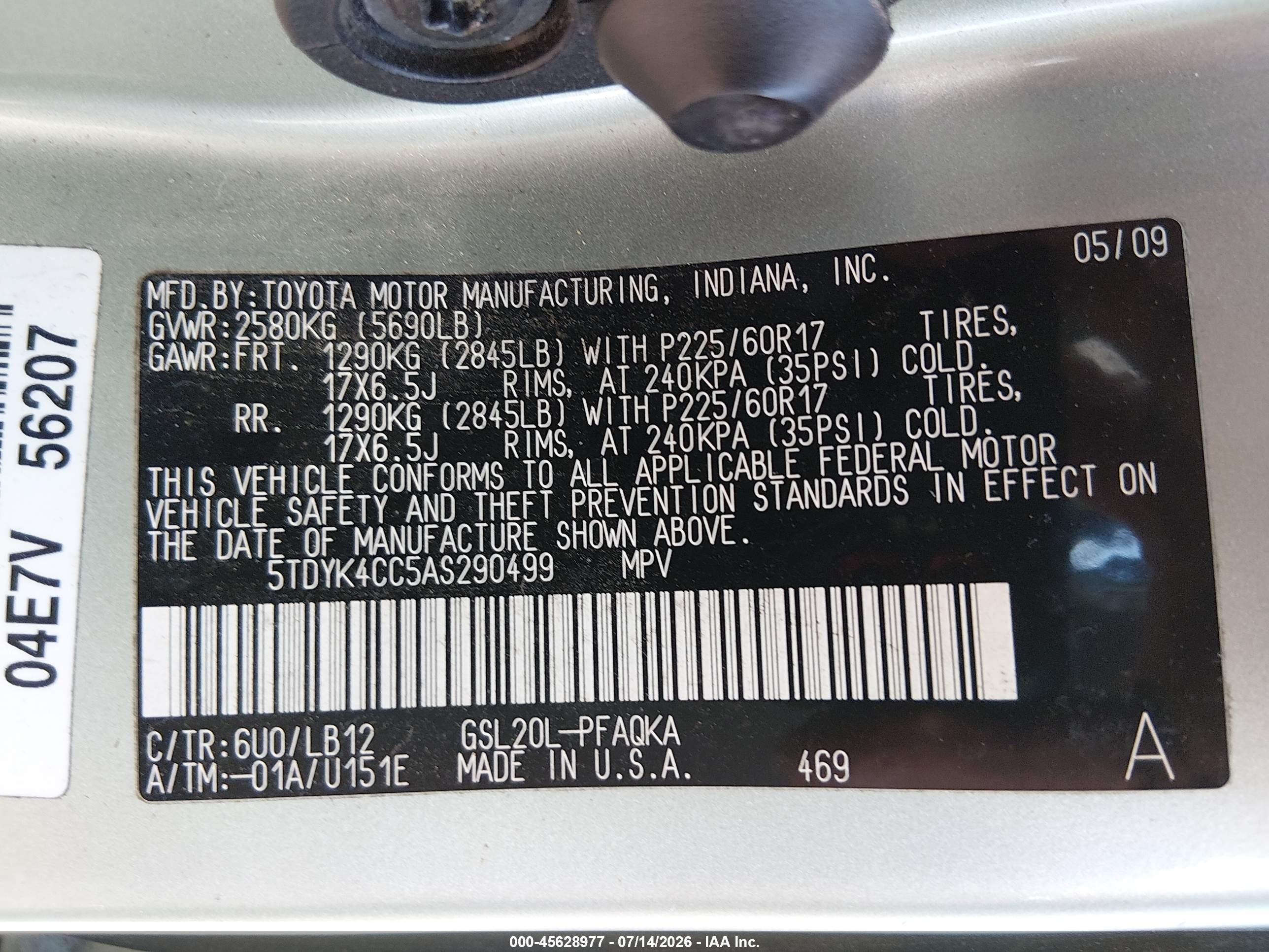 2010 Toyota Sienna Xle Green vin: 5TDYK4CC5AS290499