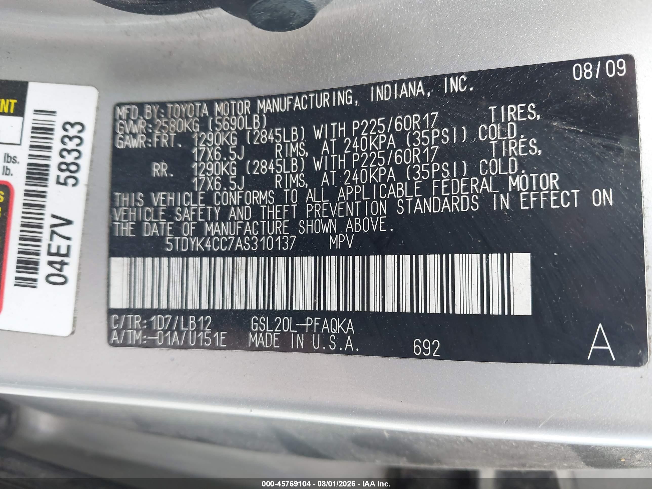 2010 Toyota Sienna Xle Beige vin: 5TDYK4CC7AS310137